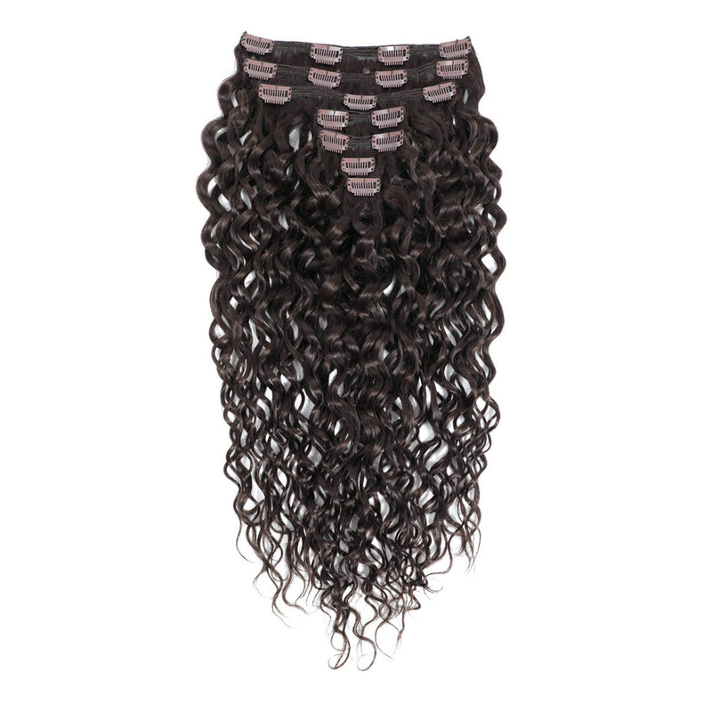 7-piece clip-in hair extension set with long, dark brown to near-black body waves and a black mesh base, shown against a plain white background.