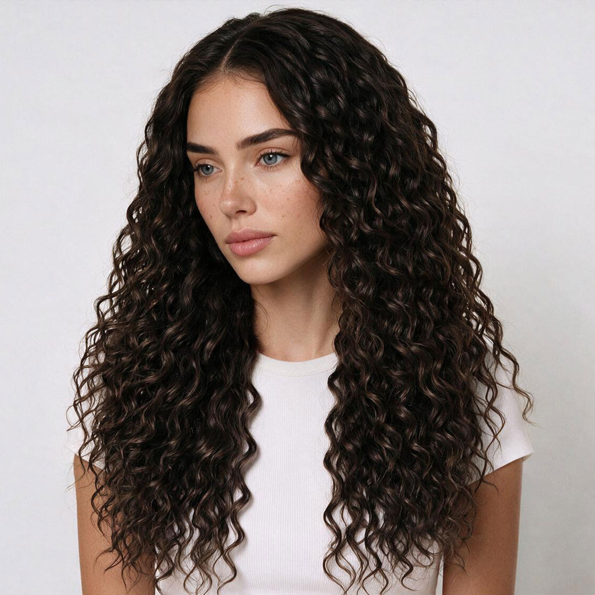 A woman with long, dark brown clip in curly hair extensions, tightly curled hair wearing a white ribbed t-shirt, photographed against a clean, light gray studio background.