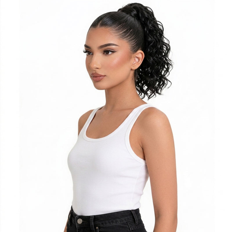 Woman wearing a white tank top against a white background with Curly Ponytail Extension