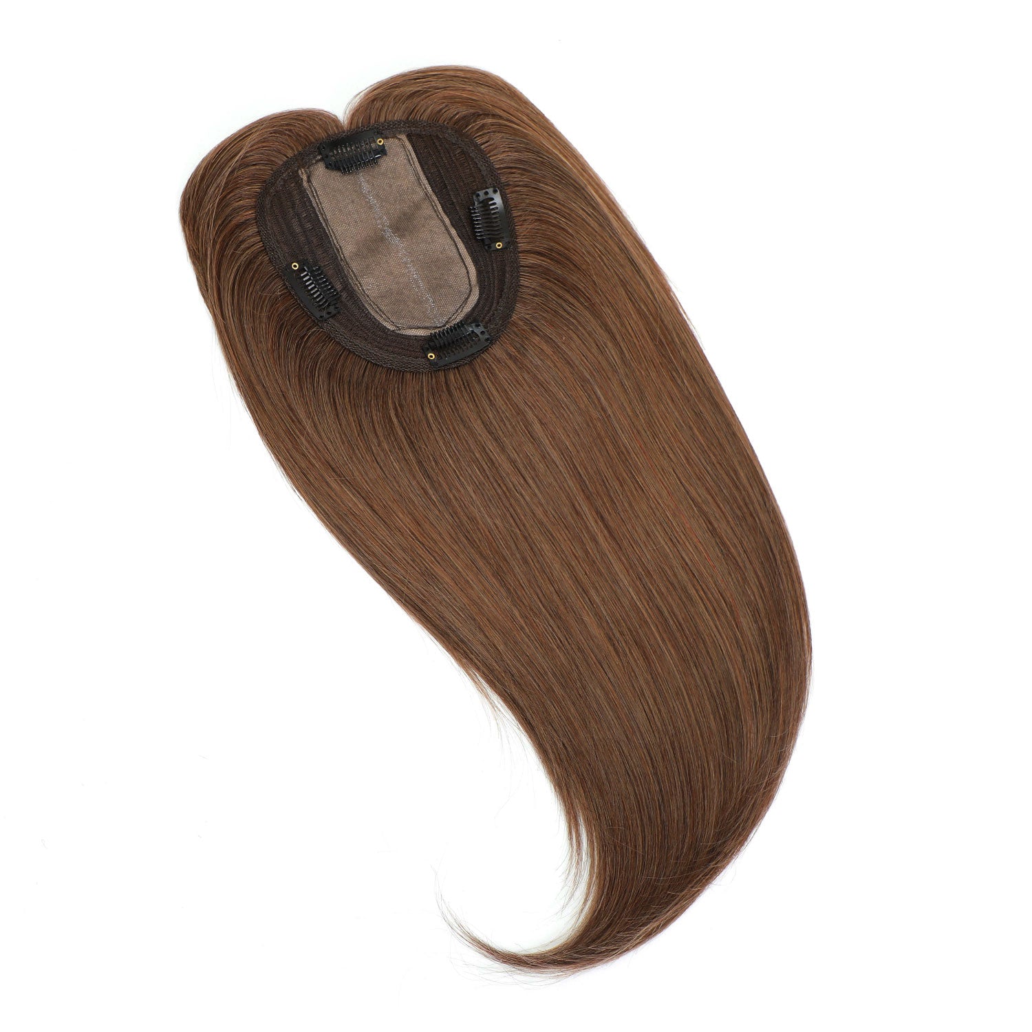A single straight hair extension piece with a dark brown to medium brown color, featuring a black elastic band with gold-tone clips and a beige inner lining, shown on a plain white background.
