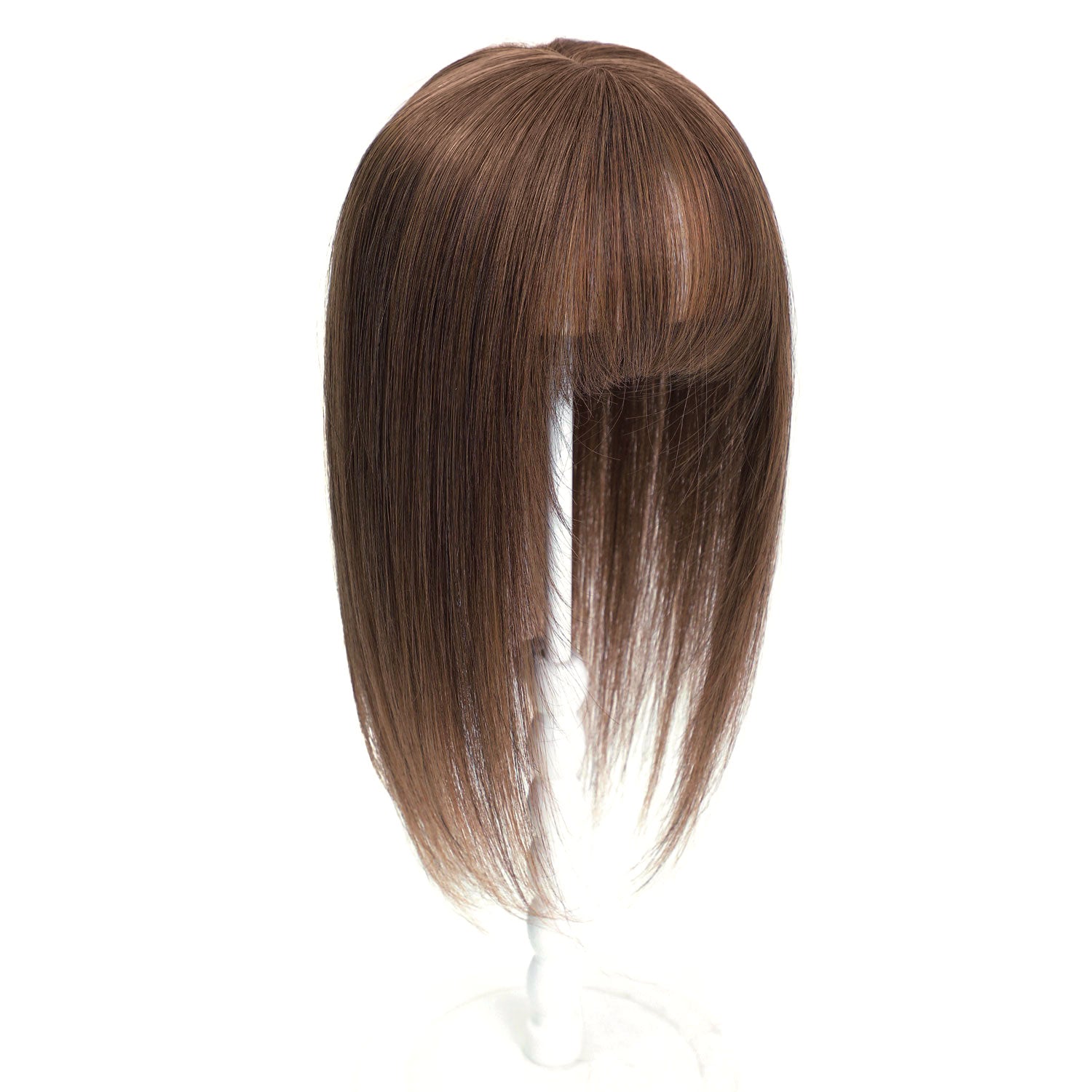 A straight, shoulder-length brown wig with a center part and bangs, displayed on a white mannequin stand against a plain white background.