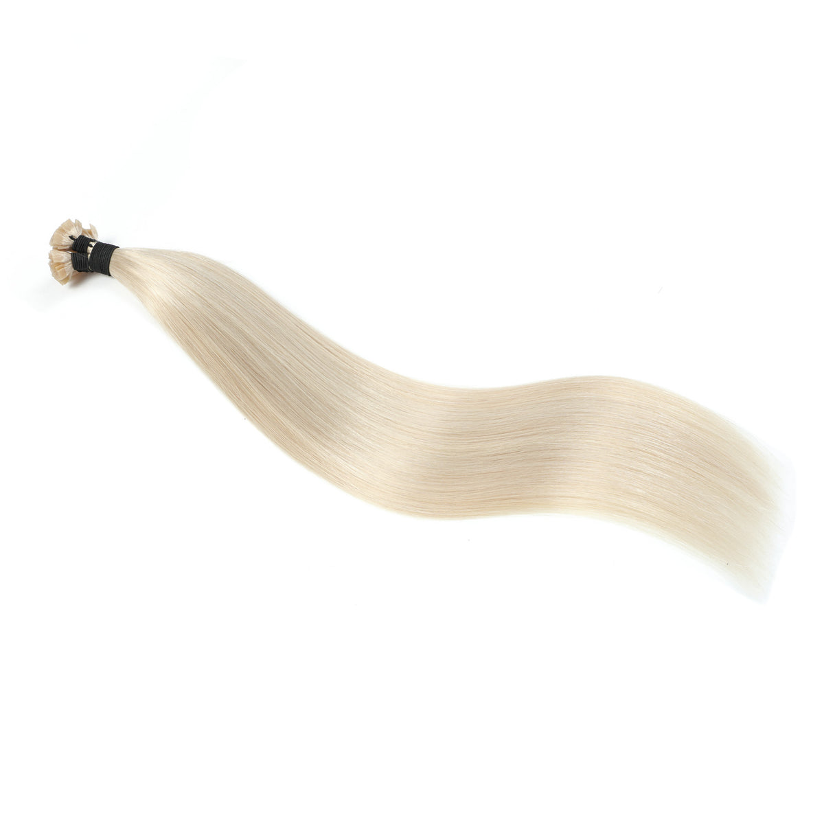 Micro Keratin Bond Hair Extensions Flat Tip in ice blonde, showcasing the smooth texture of 100% human hair.