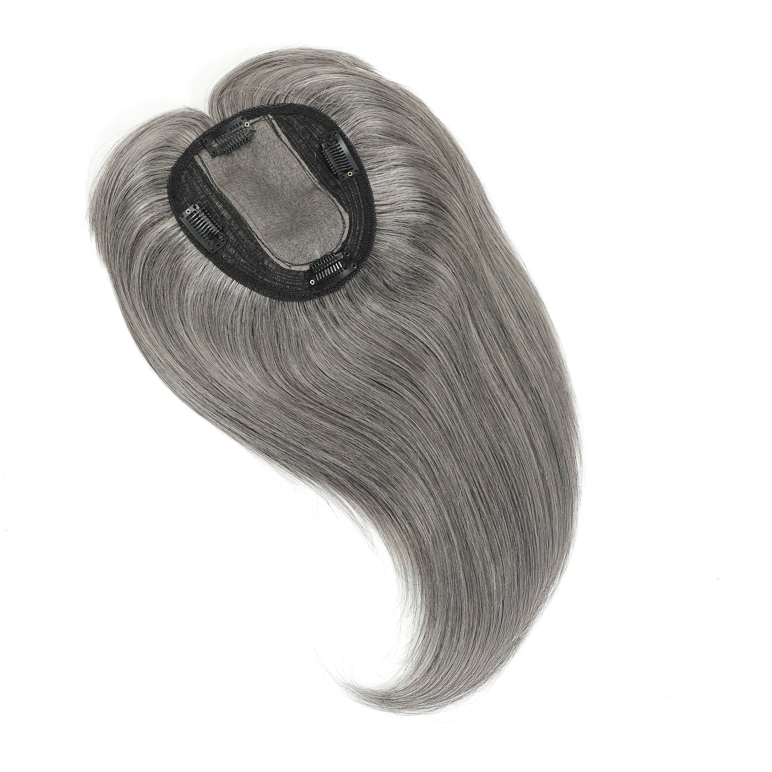 Salt and Pepper  hair topper on a white background with bangs