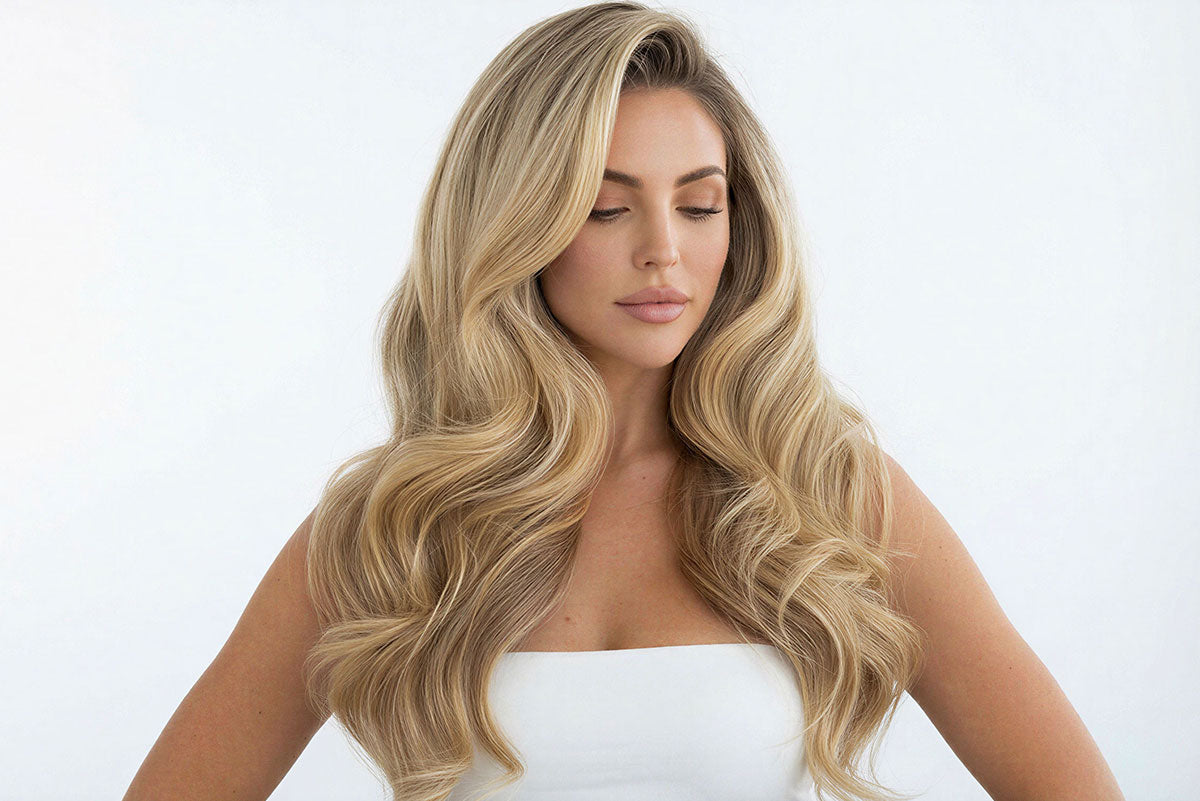 Woman with long, wavy blonde hair extensions against a white background
