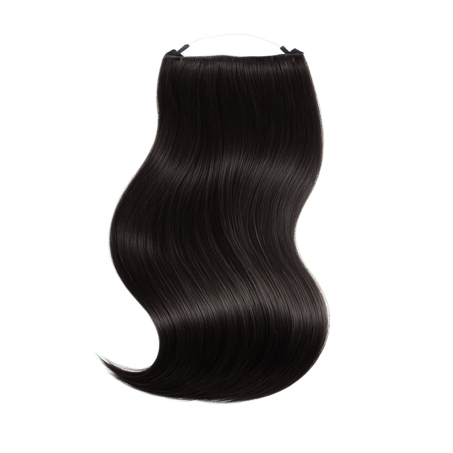 Halo Hair Extensions in natural black, styled in loose waves for a glamorous look.