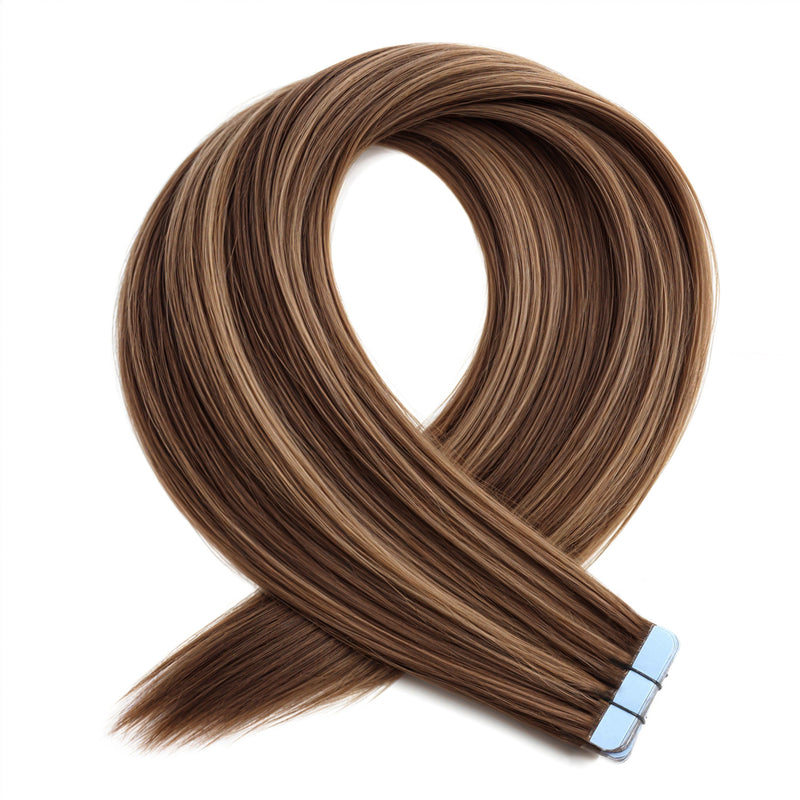 Tape Hair Brown Bronze Blonde Mix Shade. Achieve a fuller, longer hairstyle with Tape-in Hair Extensions. These extensions are made from human hair and blend naturally with your own hair for a flawless finish