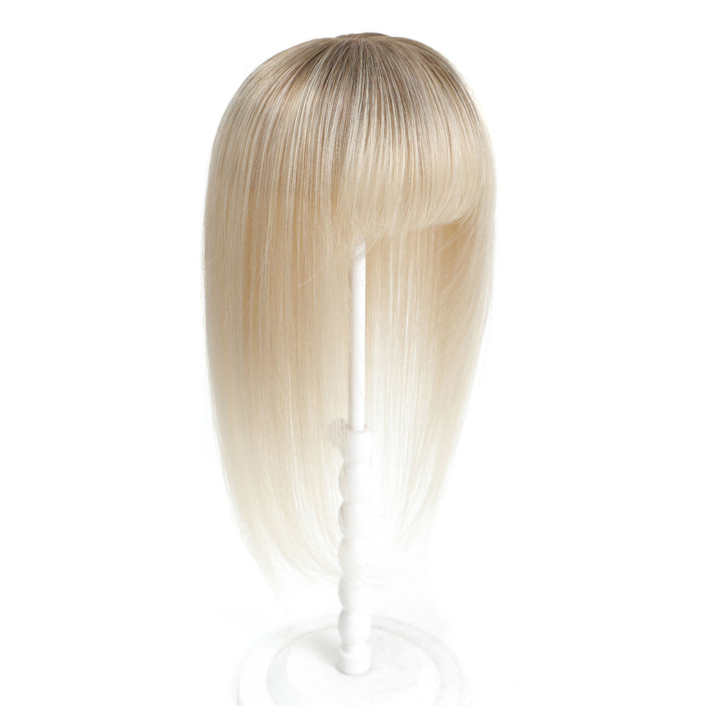 Human Hair Topper with Bangs #R8/1001 Root Cinnamon Brown and Pearl Bl
