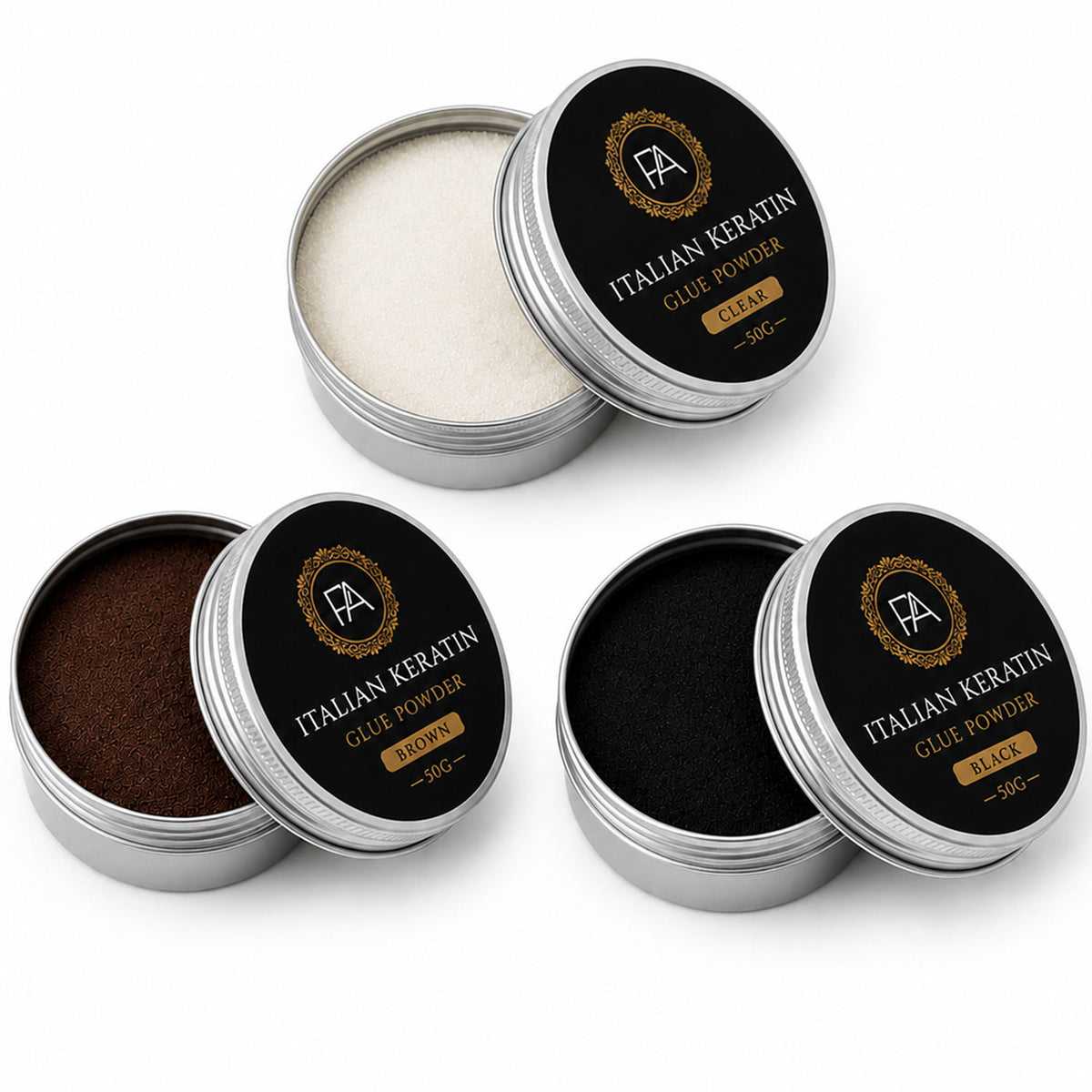 Set of Italian Keratin glue powders in various colors on a white background