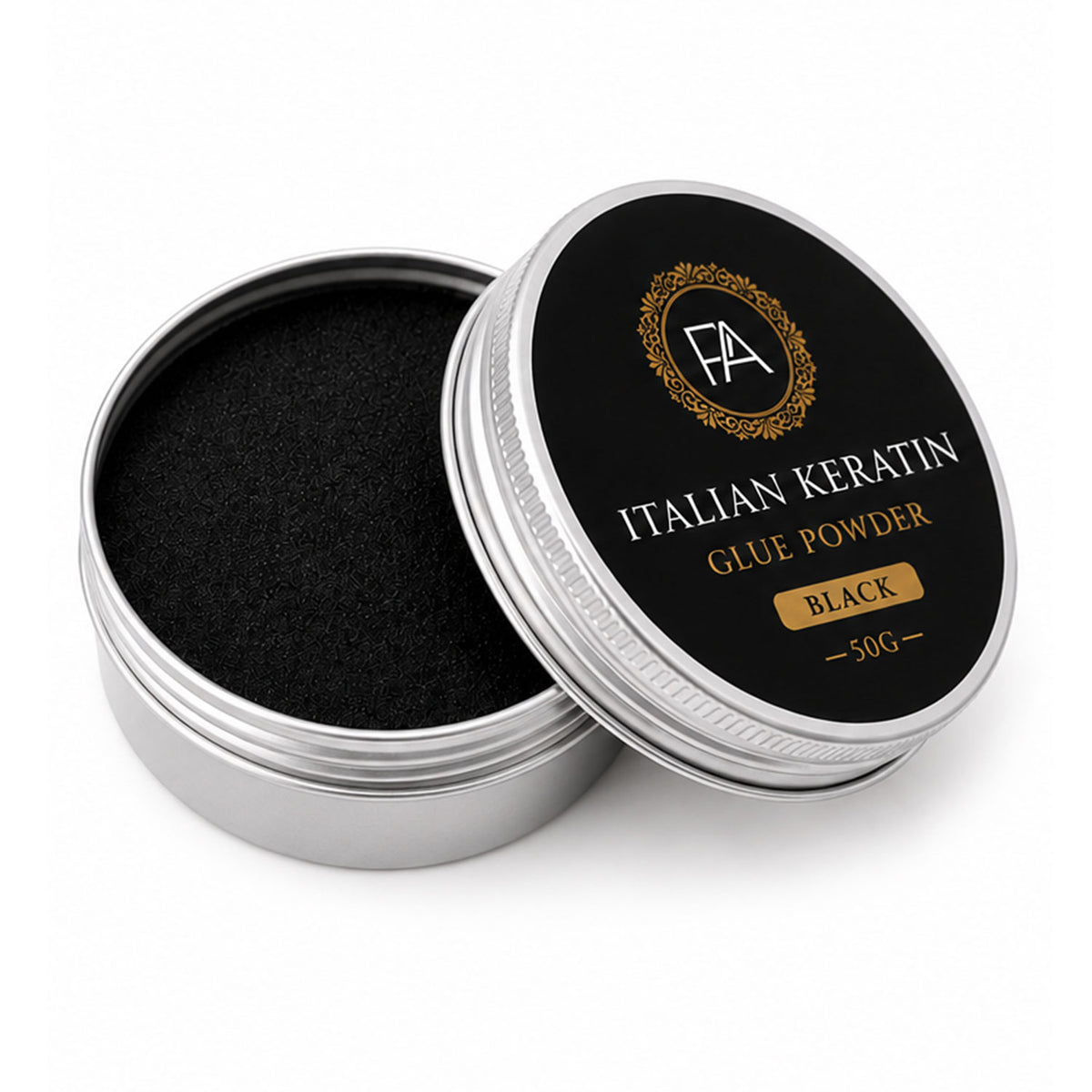 Open container of Italian Keratin glue powder with black powder inside on a white background