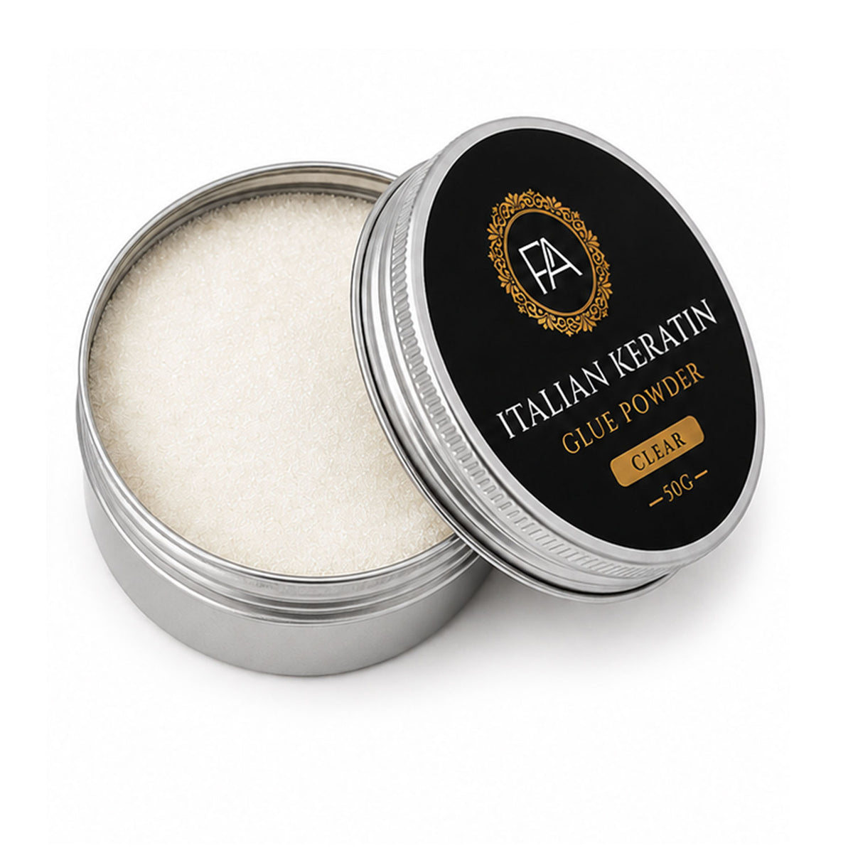 Open container of Italian Keratin glue powder with black lid on a white background