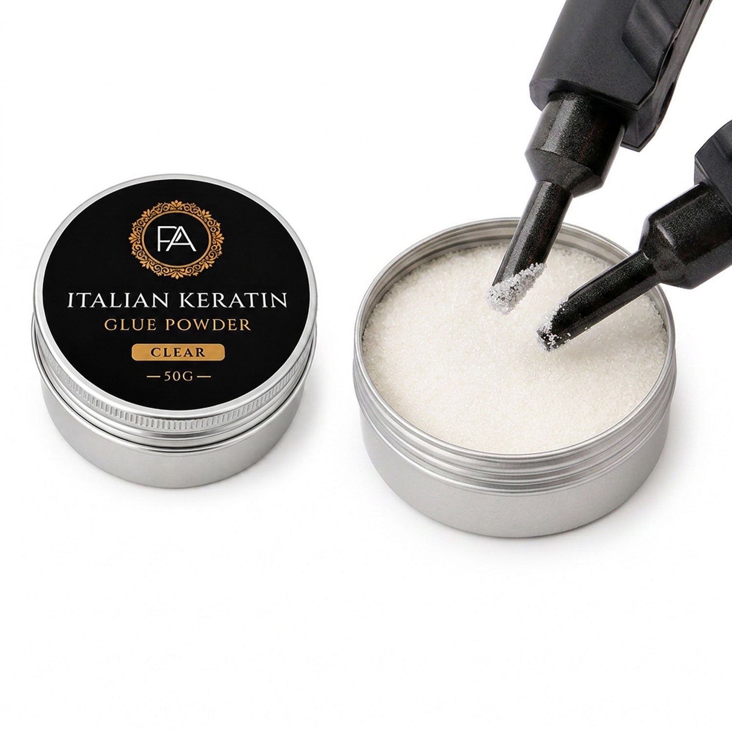 Italian Keratin glue powder with a black lid and a container of powder being mixed.
