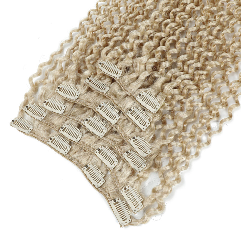 Set of ash blonde hair extensions with clips on a white background