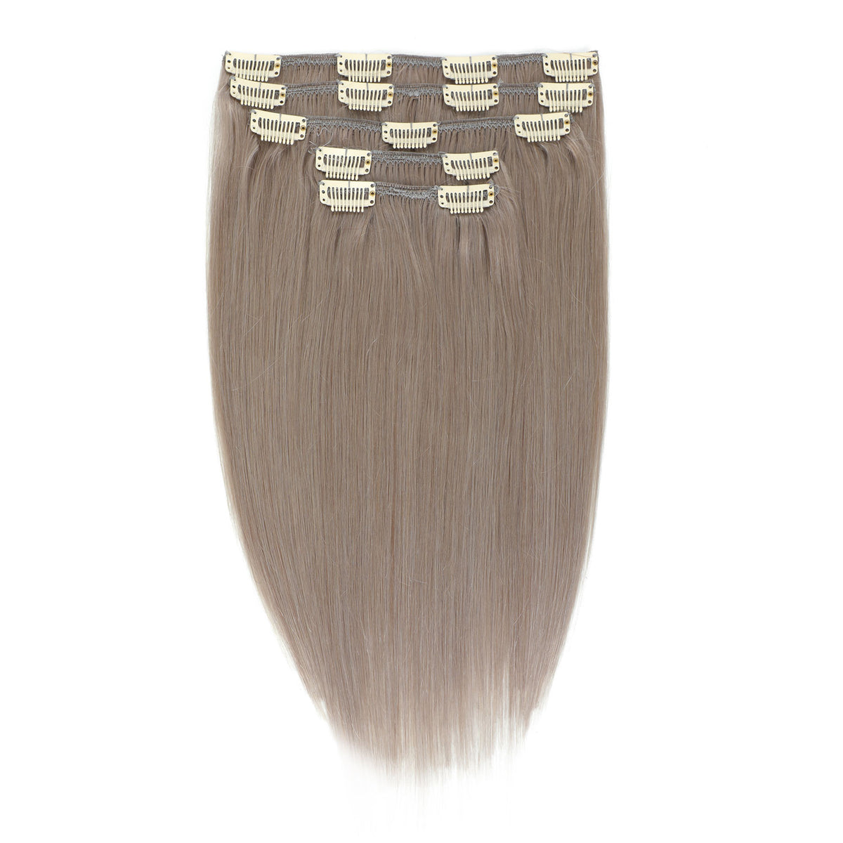 A set of six clip-in hair extensions with straight, smooth human hair in a light ash brown shade, attached to a matching hairpiece band with multiple gold-toned clips, shown against a plain white background.