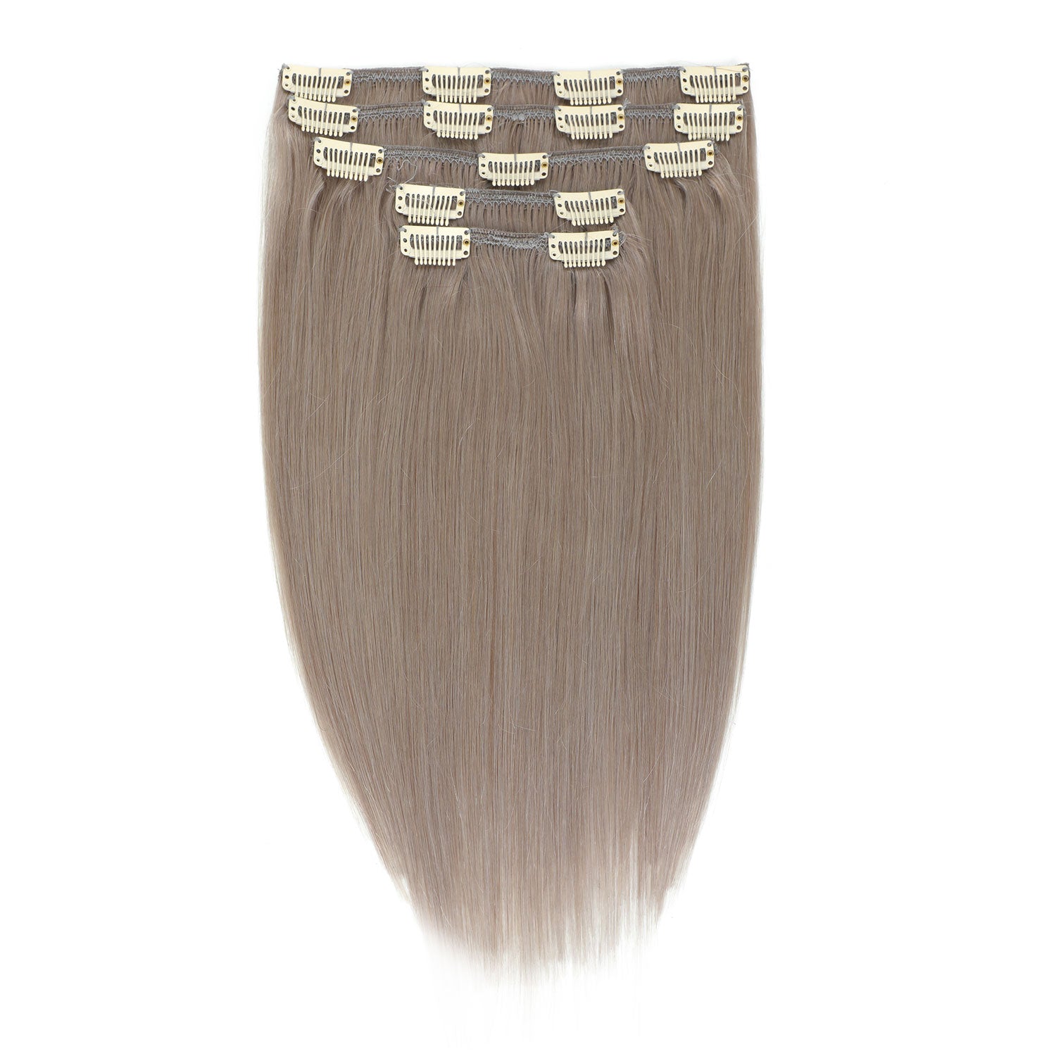 A set of six clip-in hair extensions with straight, smooth human hair in a light ash brown shade, attached to a matching hairpiece band with multiple gold-toned clips, shown against a plain white background.
