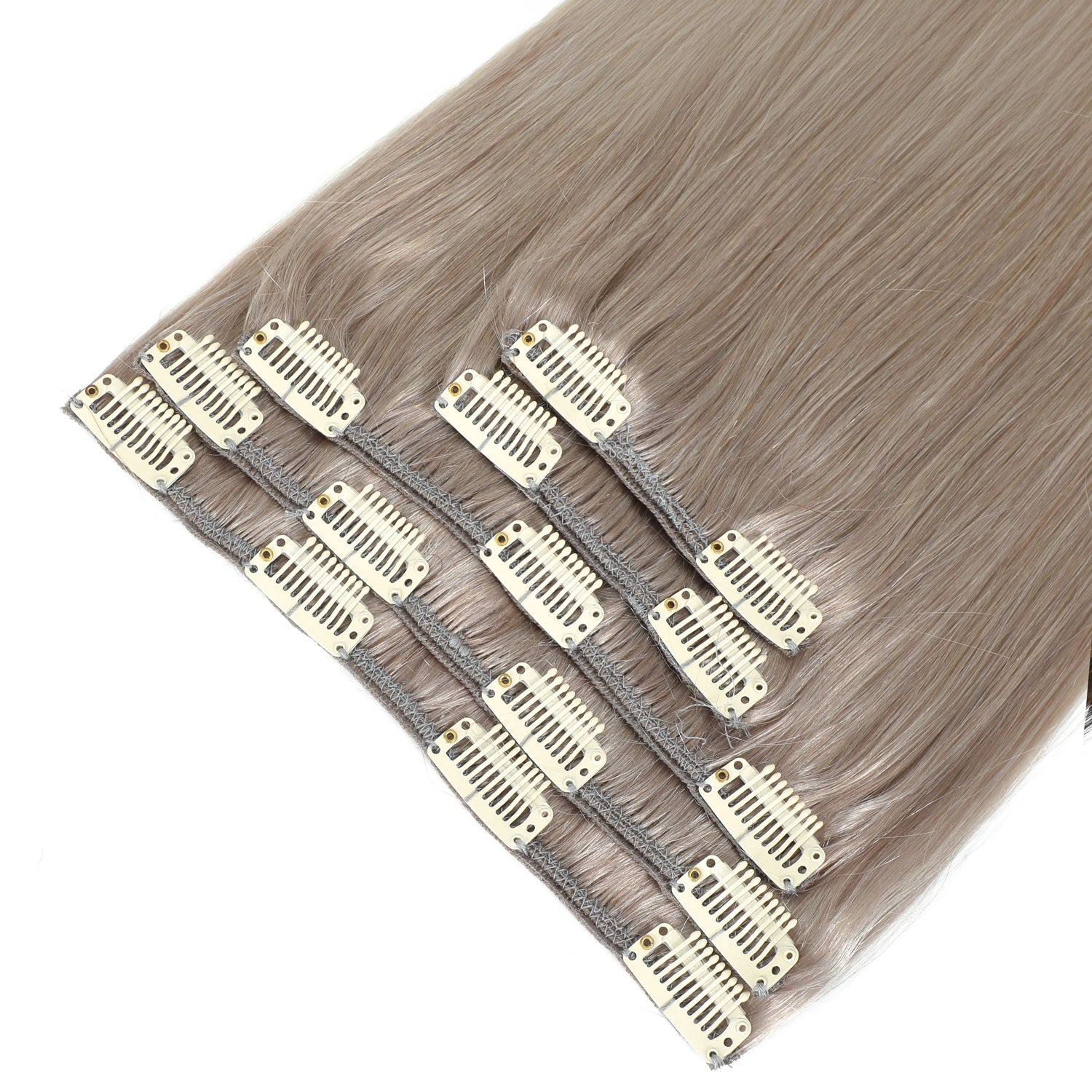 A close-up of straight clip-in hair extensions in a cool ash blonde color, showing multiple hair wefts attached to gray adhesive bands and white metal clip ends, set against a plain white background.