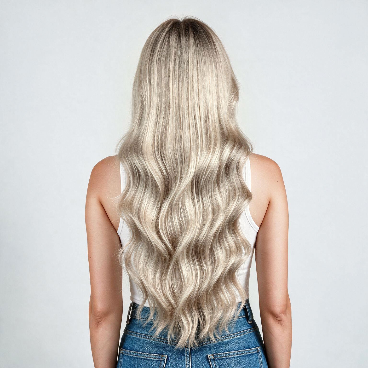 A woman shown from the back with long, wavy hair in a highlighted blonde shade, wearing a white sleeveless top and black bottoms against a plain light gray background.