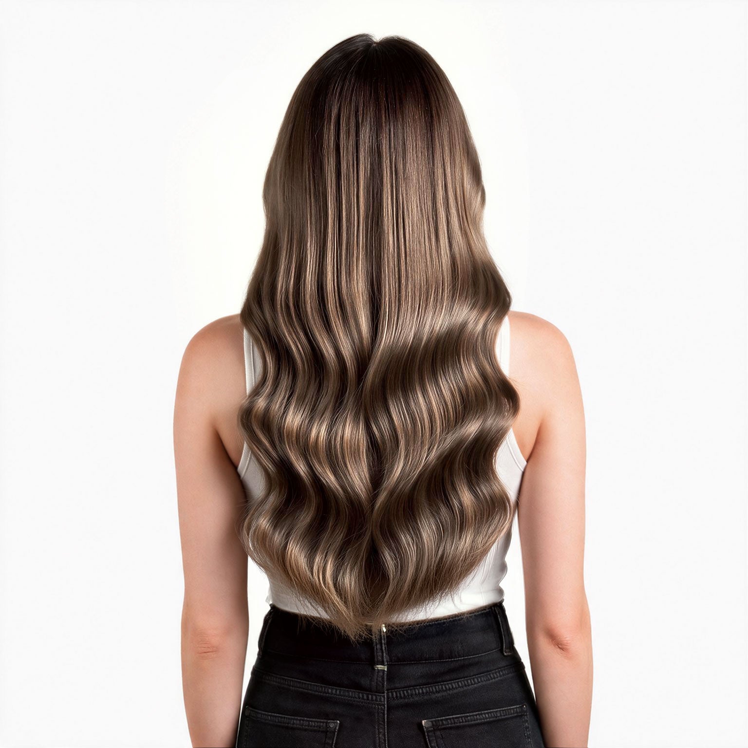 A woman viewed from behind wearing a white sleeveless top and black jeans, showcasing long, wavy hair with a dark brown root and warm blonde highlights.