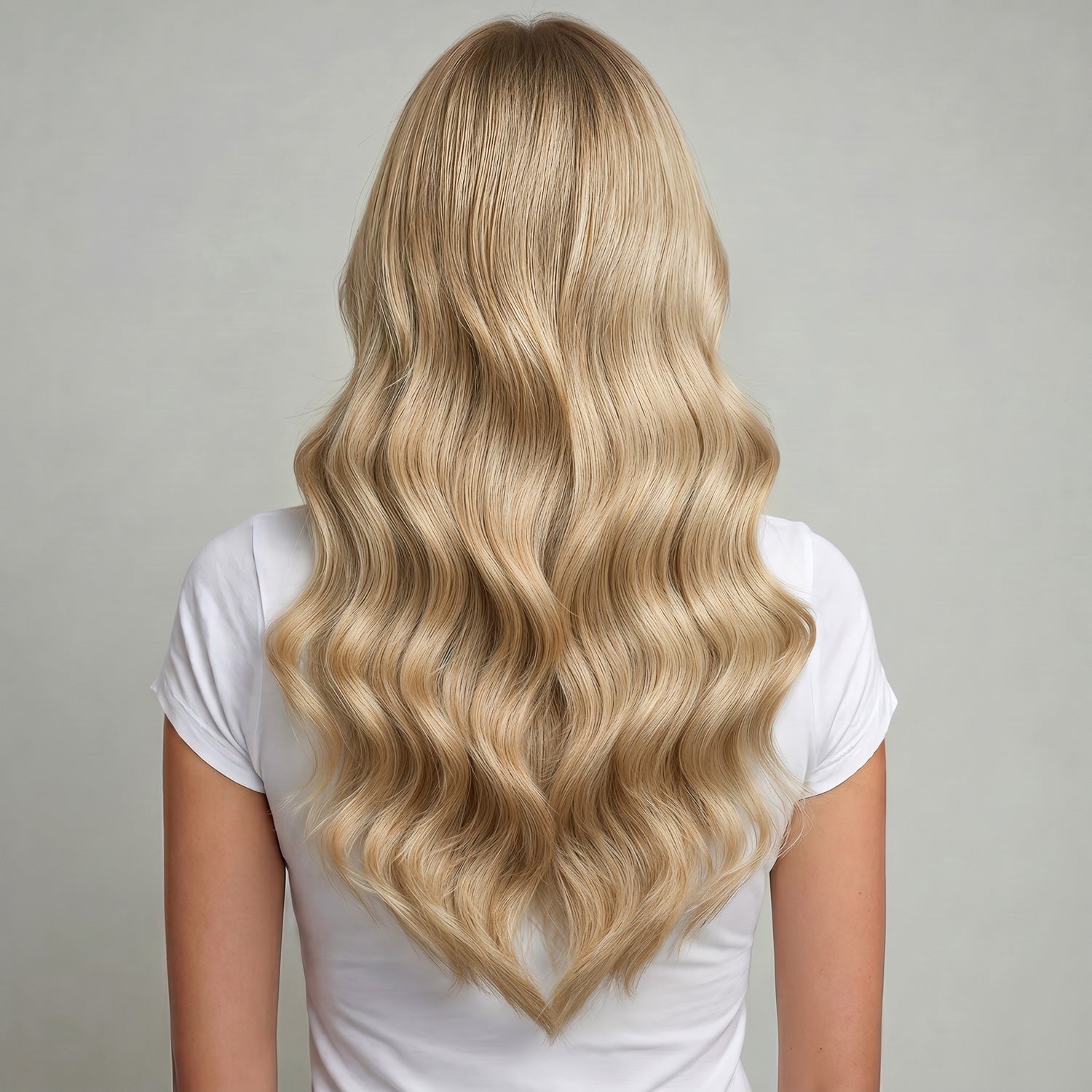Person with long, wavy sandy blonde hair extensions wearing a white shirt on a gray background