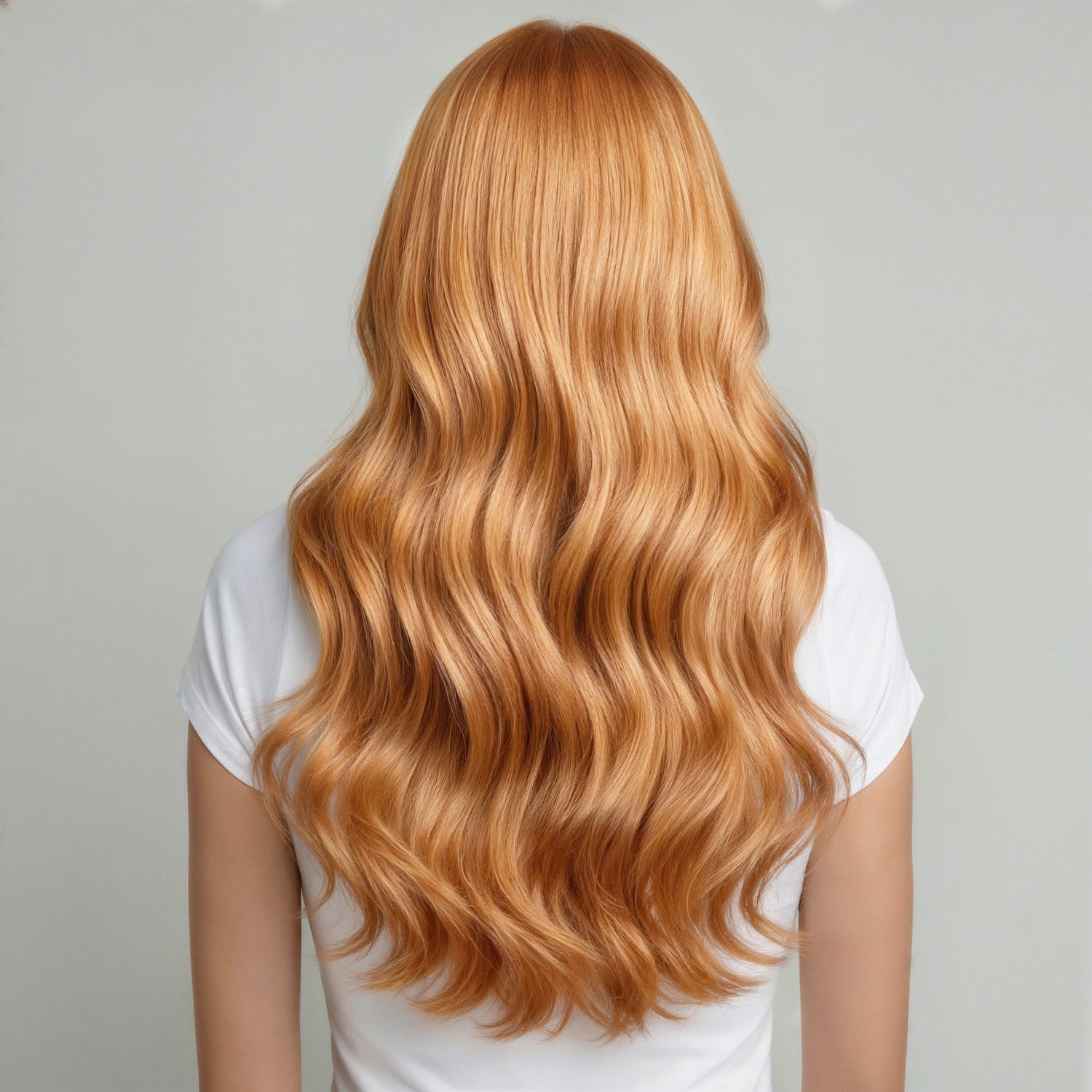 bright copper long, wavy, blonde hair wearing a white shirt on a gray background