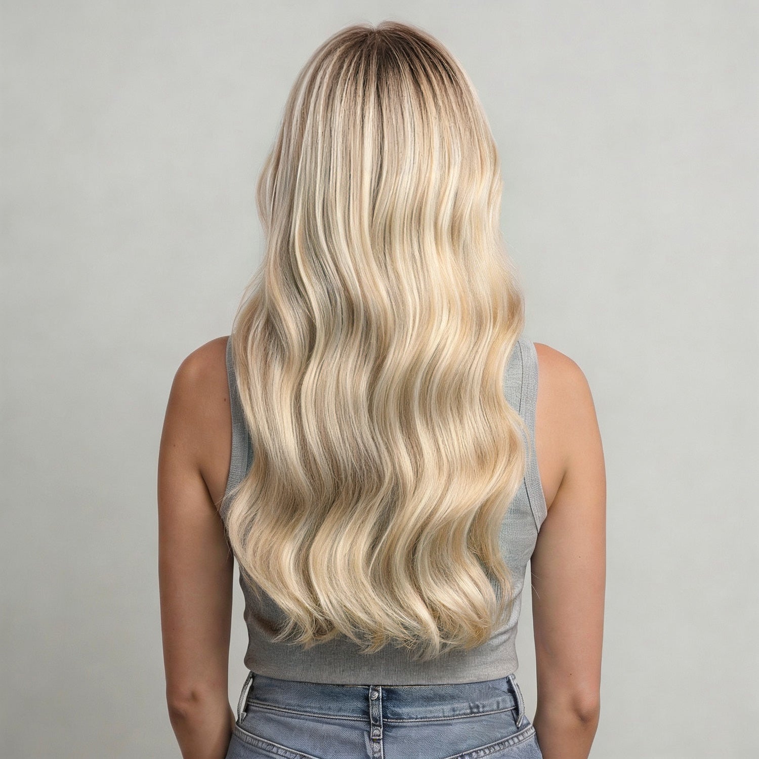 Model back view with champagne and platinum blonde hair extensions