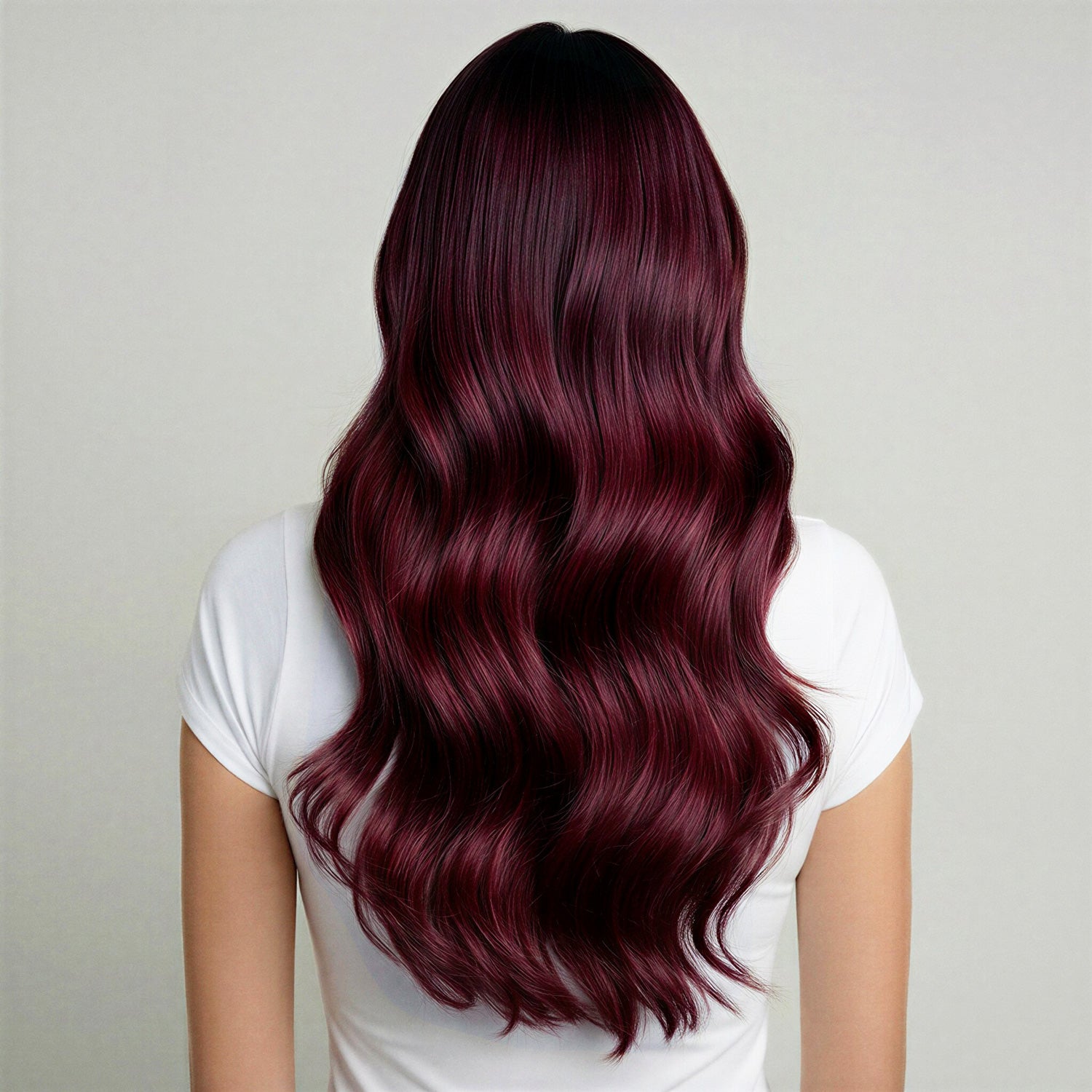 Model showcasing the shade mahogany in 99j hair extensions