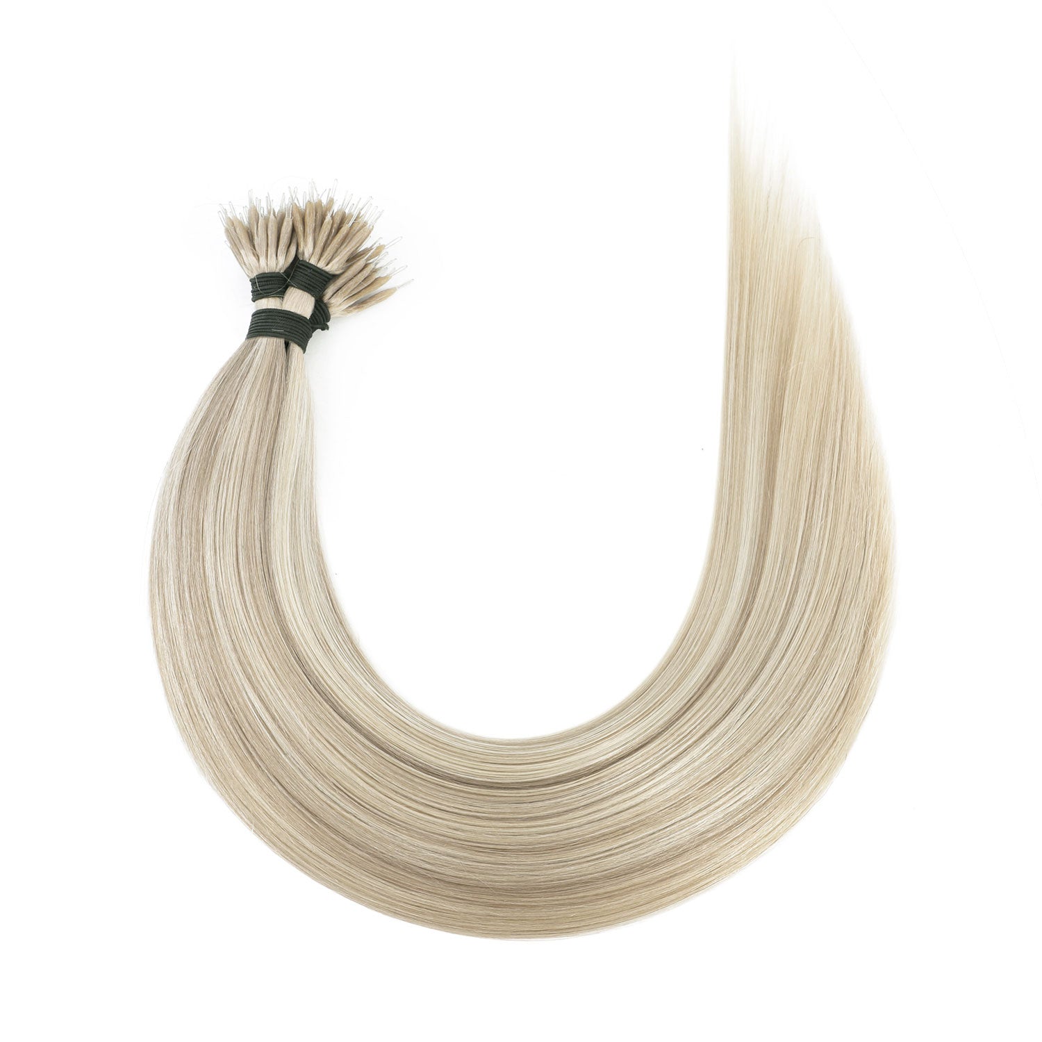A bundle of straight blonde hair extension tips with a black elastic band, arranged in a U-shape on a plain white background.