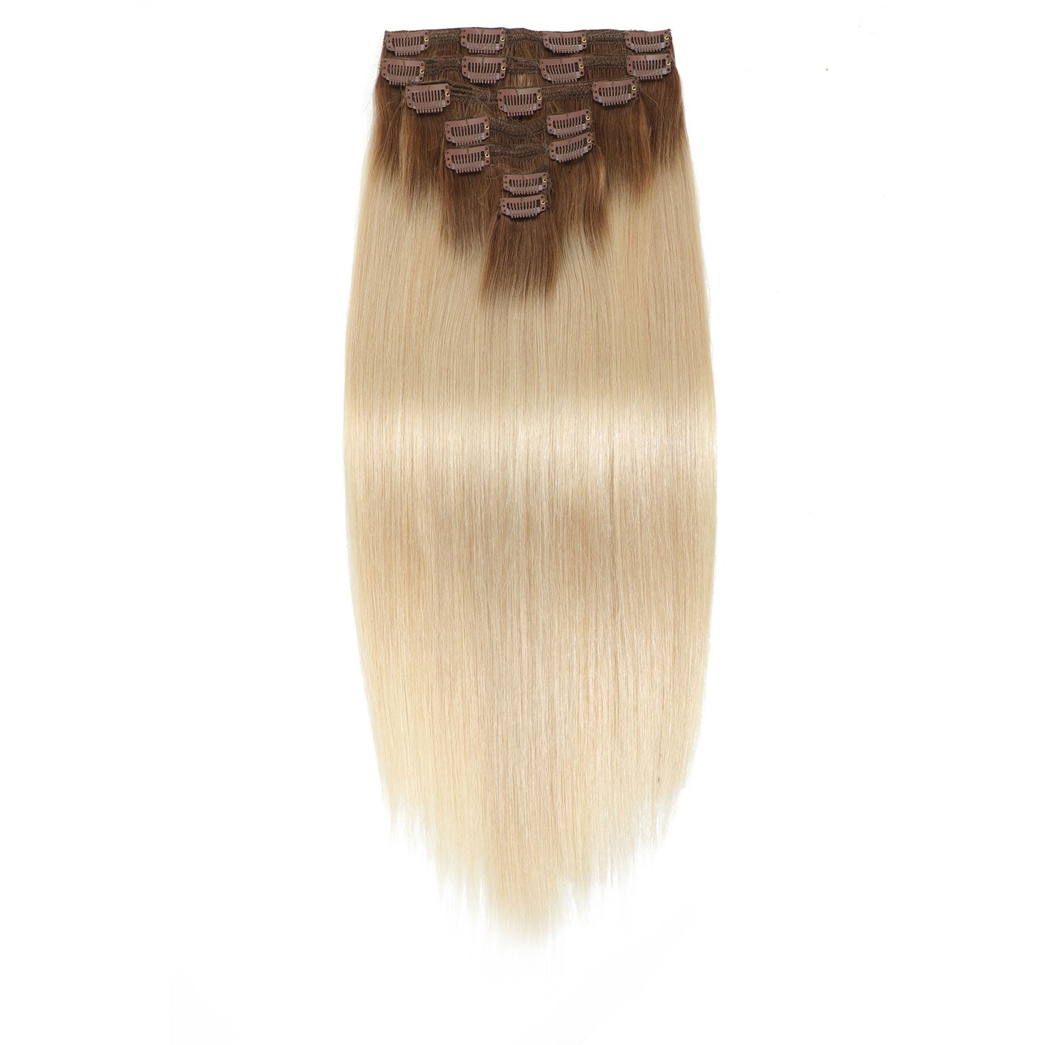 Set of blonde hair extensions with brown clips on a white background