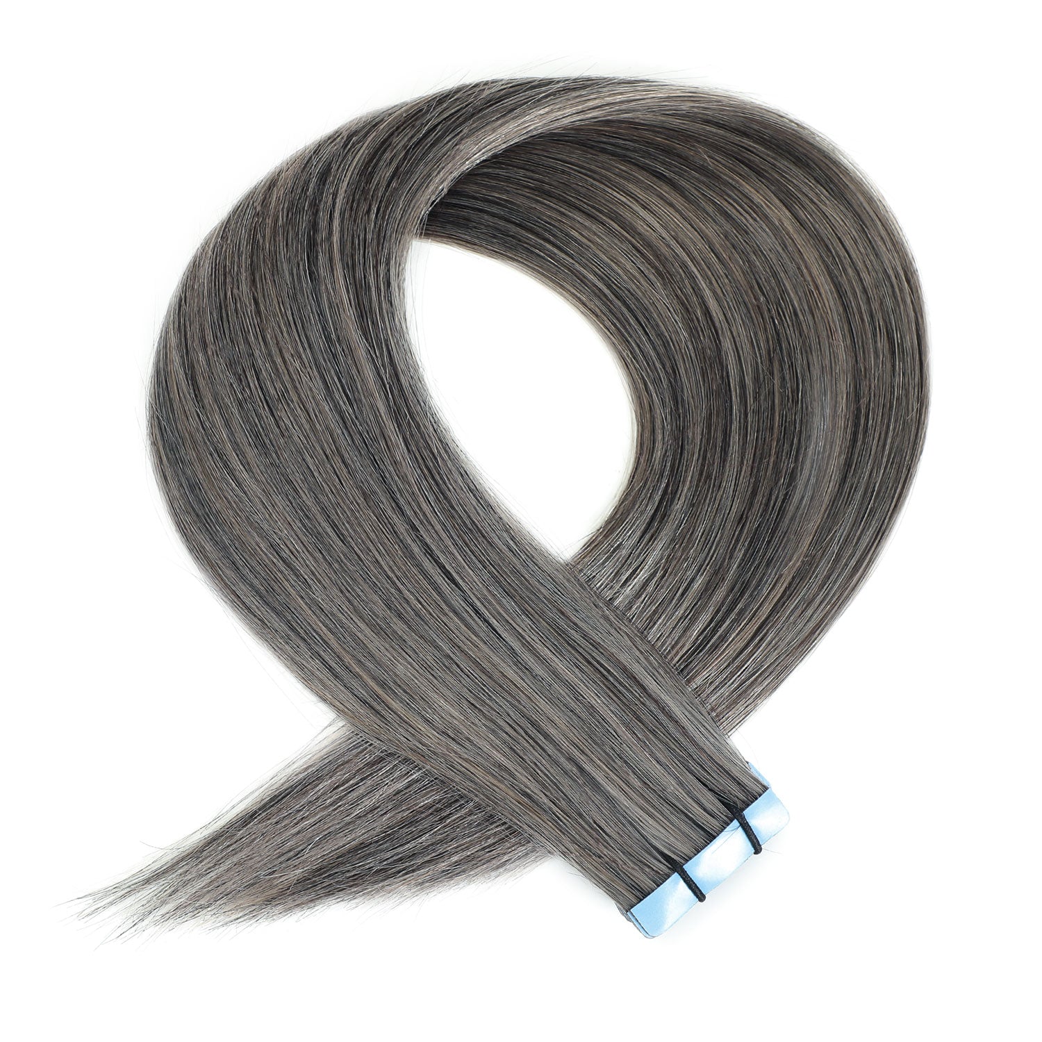 Salt and Pepper tape hair extensions on a white background