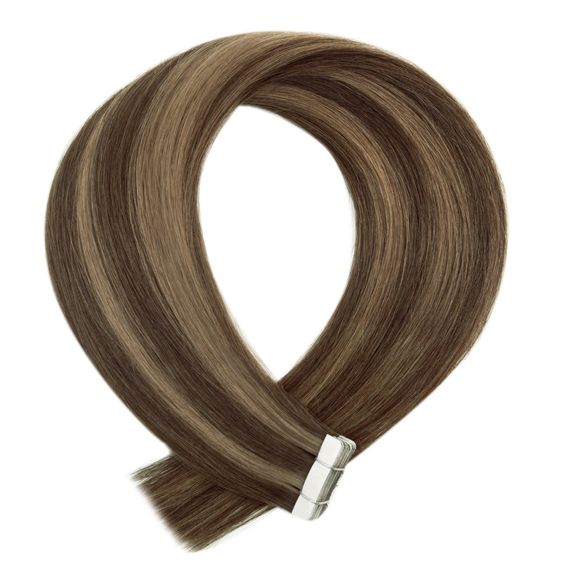 Double Drawn Tape Hair Extensions #2/6 Dark Brown Cool Light Brown Mix Virgin Russian Hair