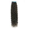 Dark Brown Curly hair extensions with blue tape on a white background