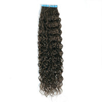 Dark Brown Curly hair extensions with blue tape on a white background