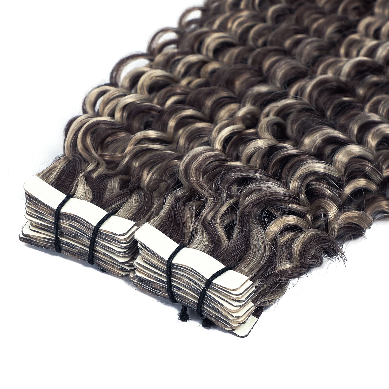 Curly Tape Human Hair Extensions 3B #2C/1001 Chocolate and Pearl Blond Mix