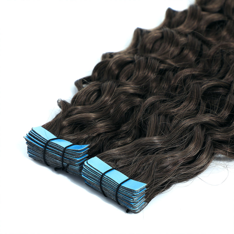 Brown hair extensions with blue tape on a white background