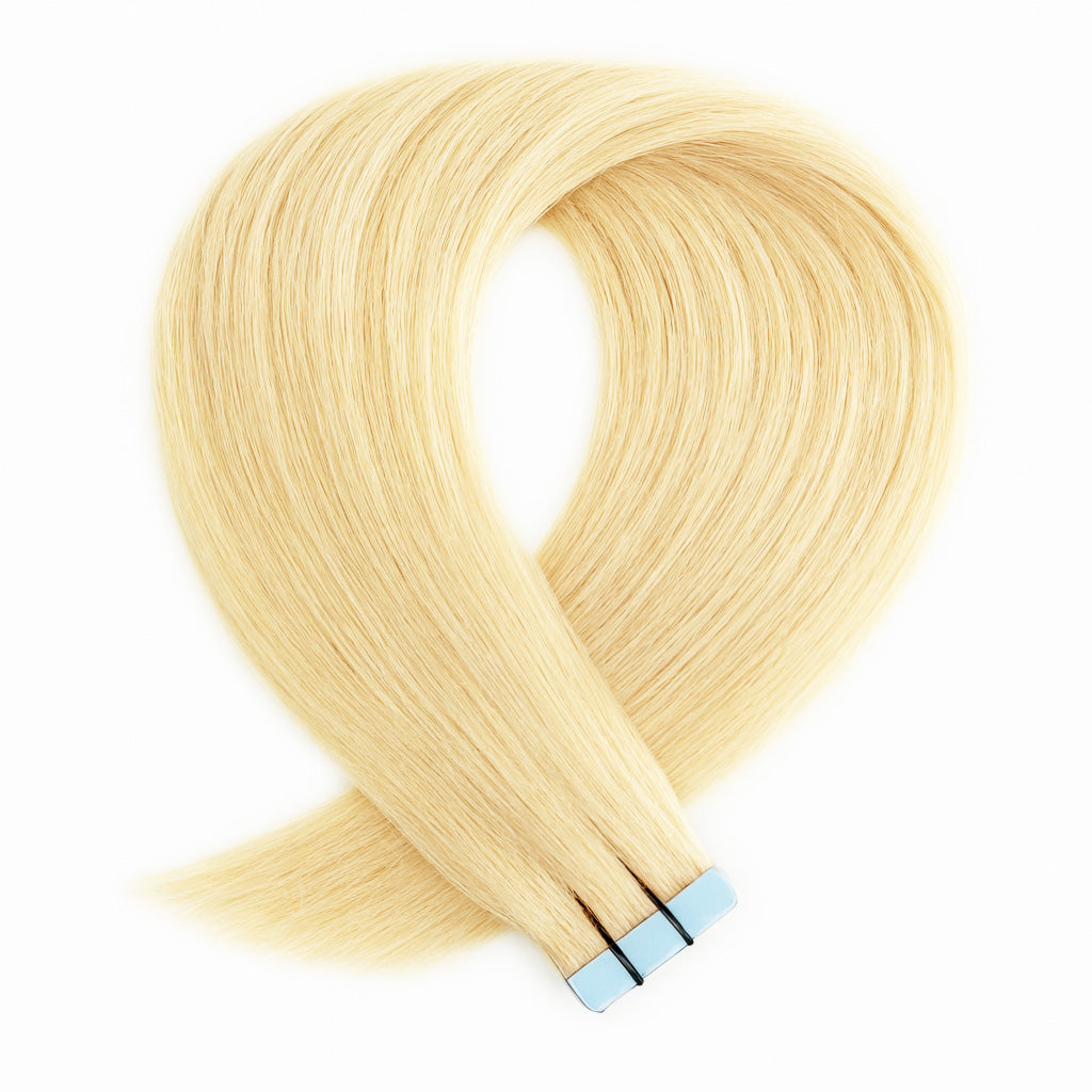 Blonde hair extensions with blue tape on a white background