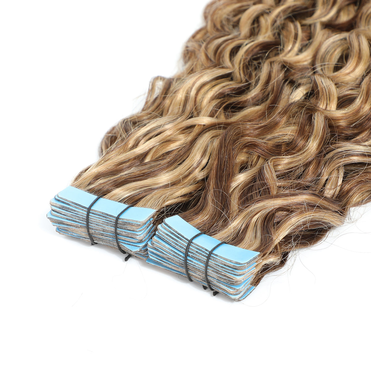 Curly Tape Hair Extensions 3B  #4/27 Chestnut Brown & Bronzed Blonde Highlights