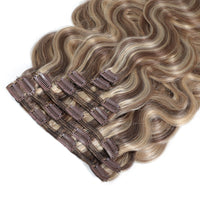 Clip In Wavy Human Hair Extensions #8/22 Brown and Sandy Blonde Mix