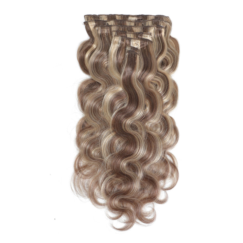 Clip In Wavy Human Hair Extensions #8/22 Brown and Sandy Blonde Mix