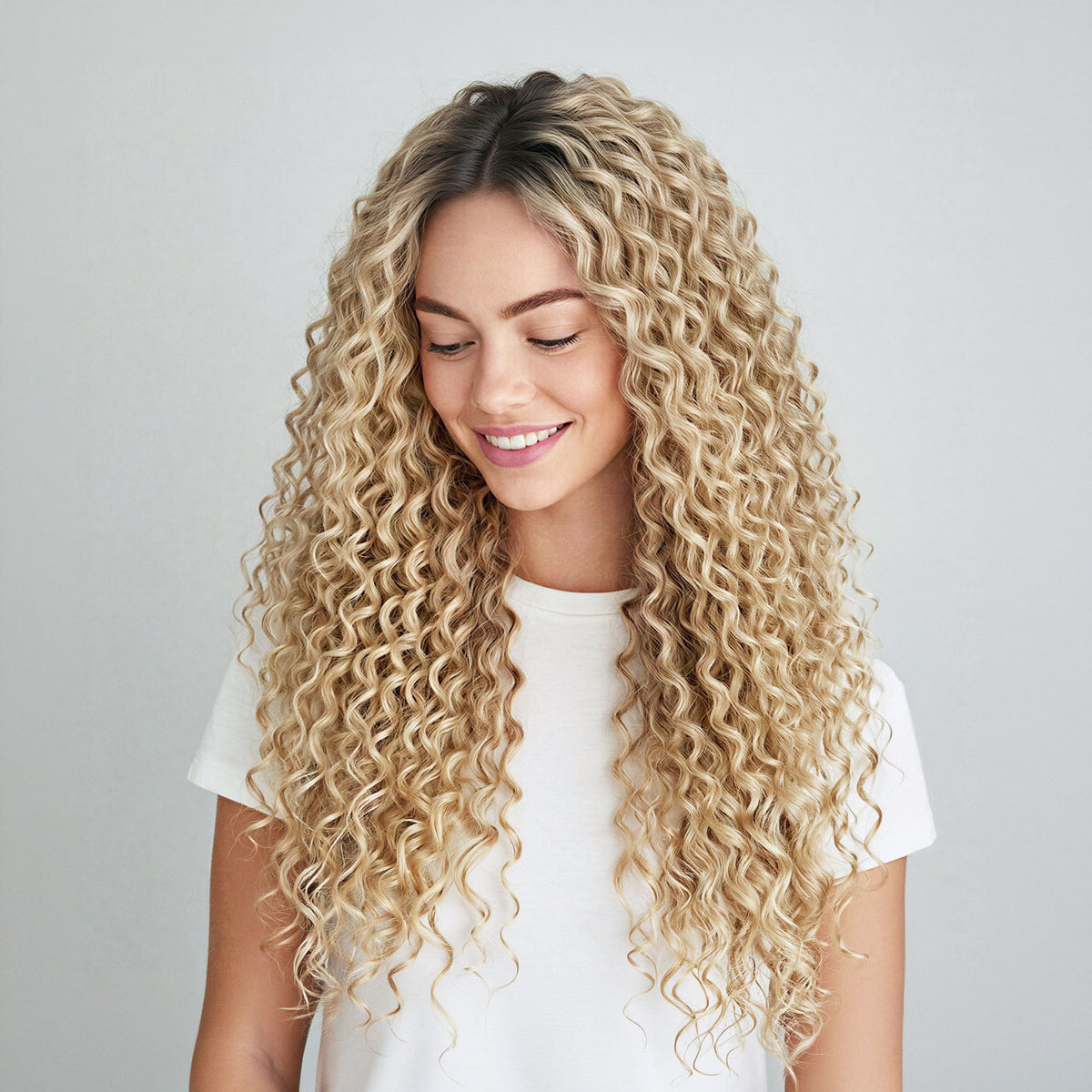 Woman with long, wavy blonde curly  hair extensions wearing a white shirt against a gray background