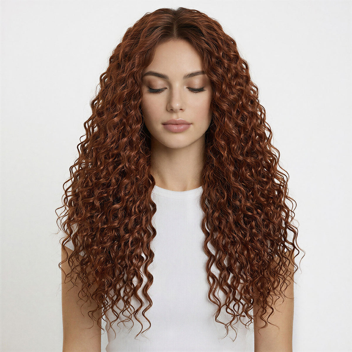 Woman with long, wavy copper hair extensions wearing a white top on a light gray background