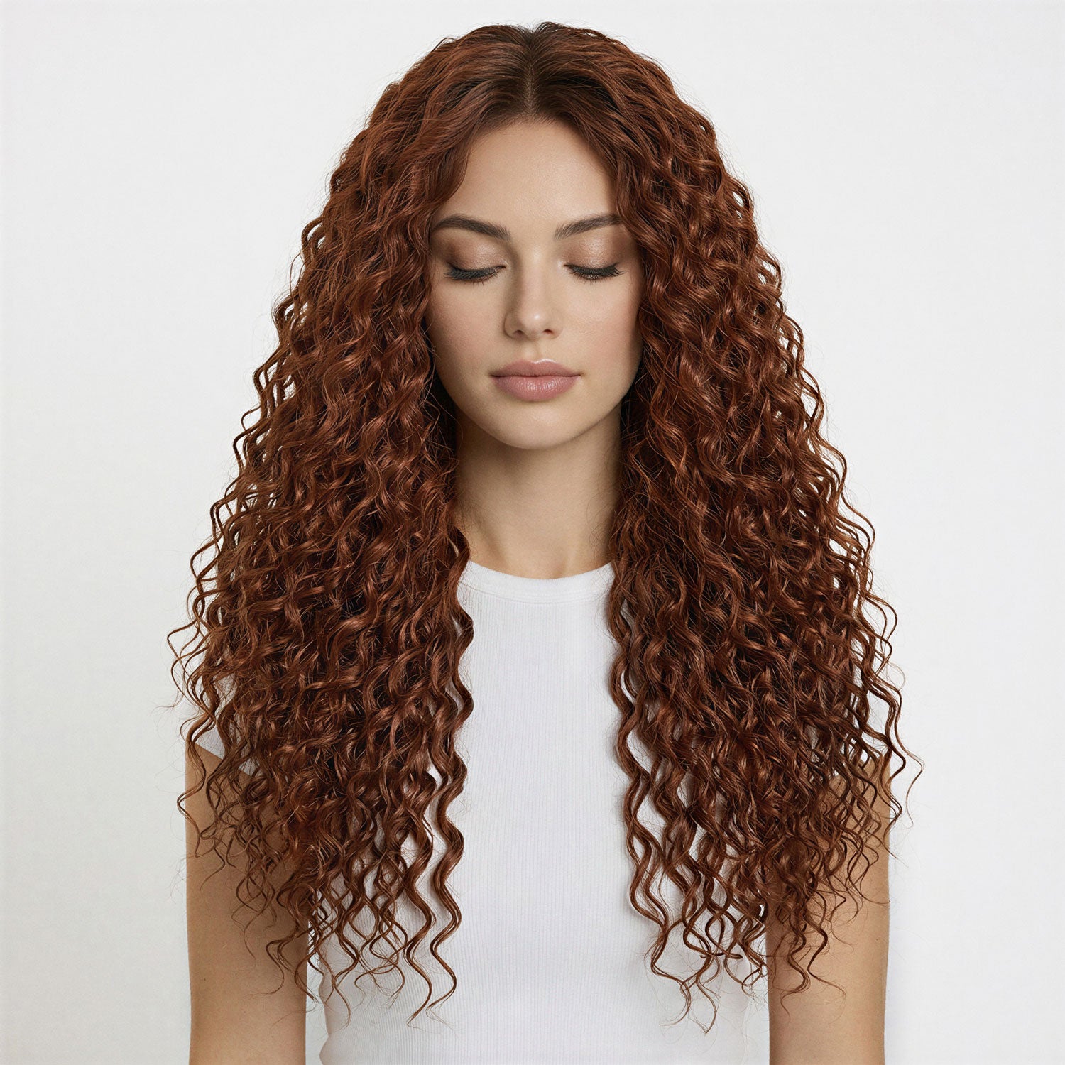 Woman with long, wavy copper hair extensions wearing a white top on a light gray background