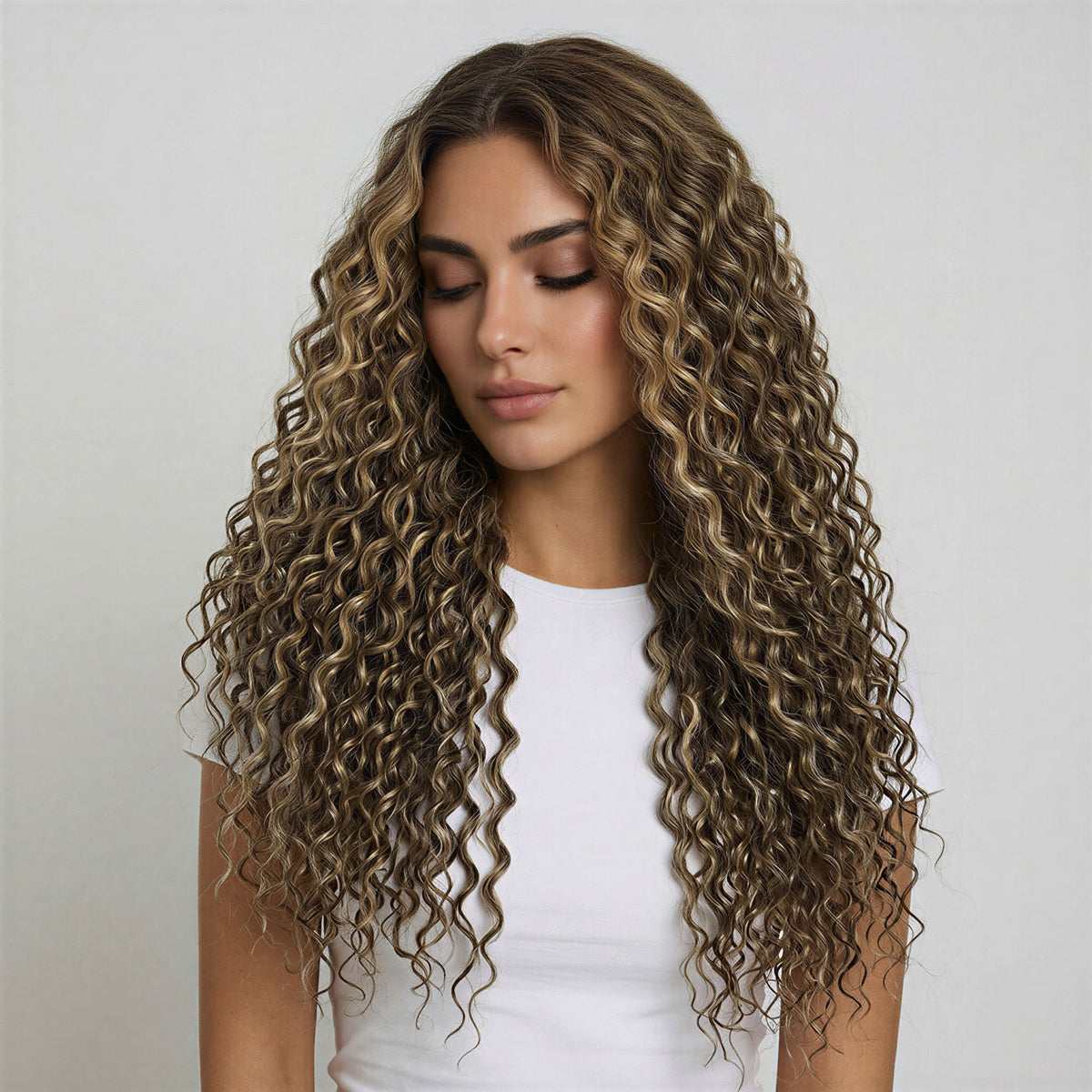 Woman with long, wavy, brown and natural blonde hair extensions wearing a white top against a plain background