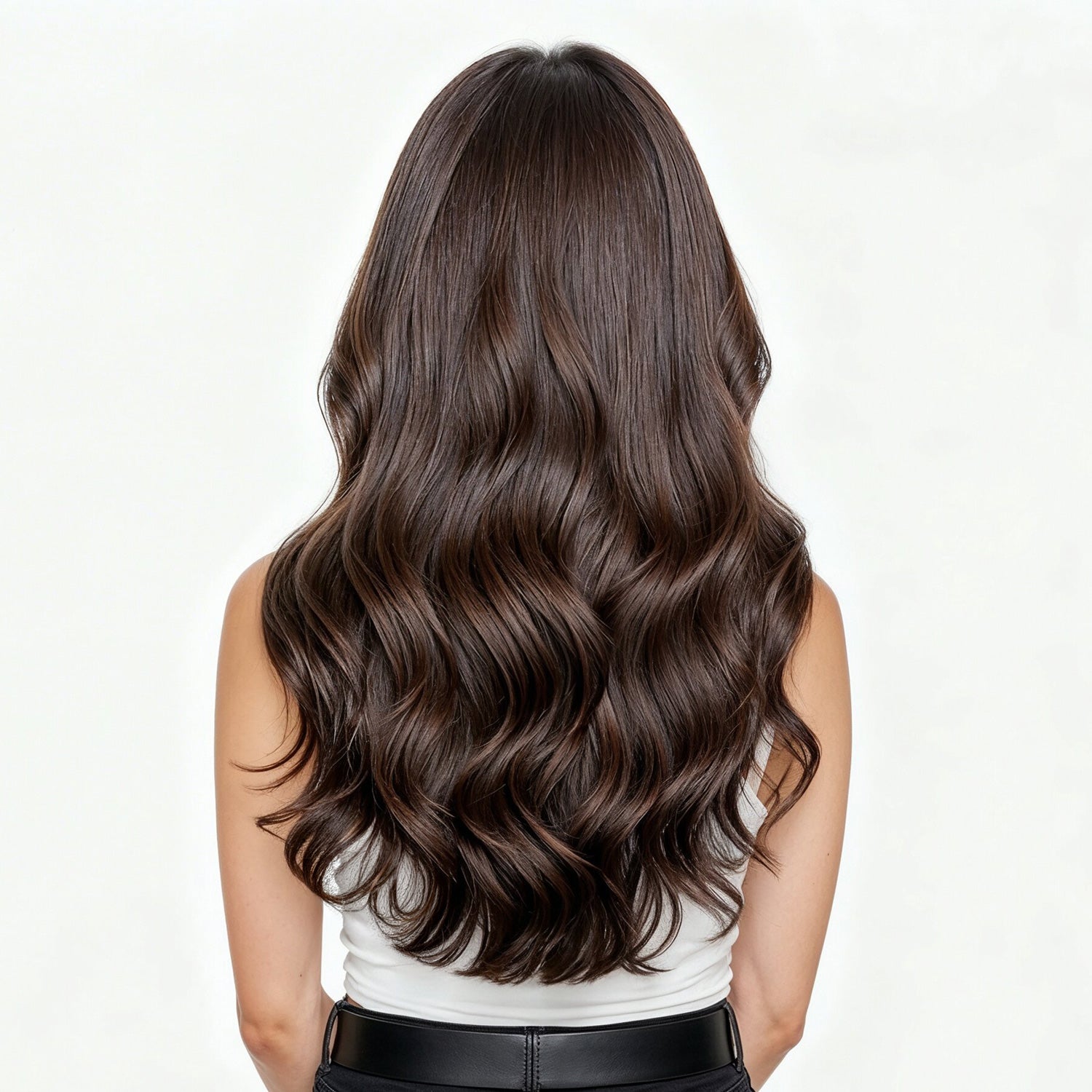 Woman with long, wavy brown hair on a white background
