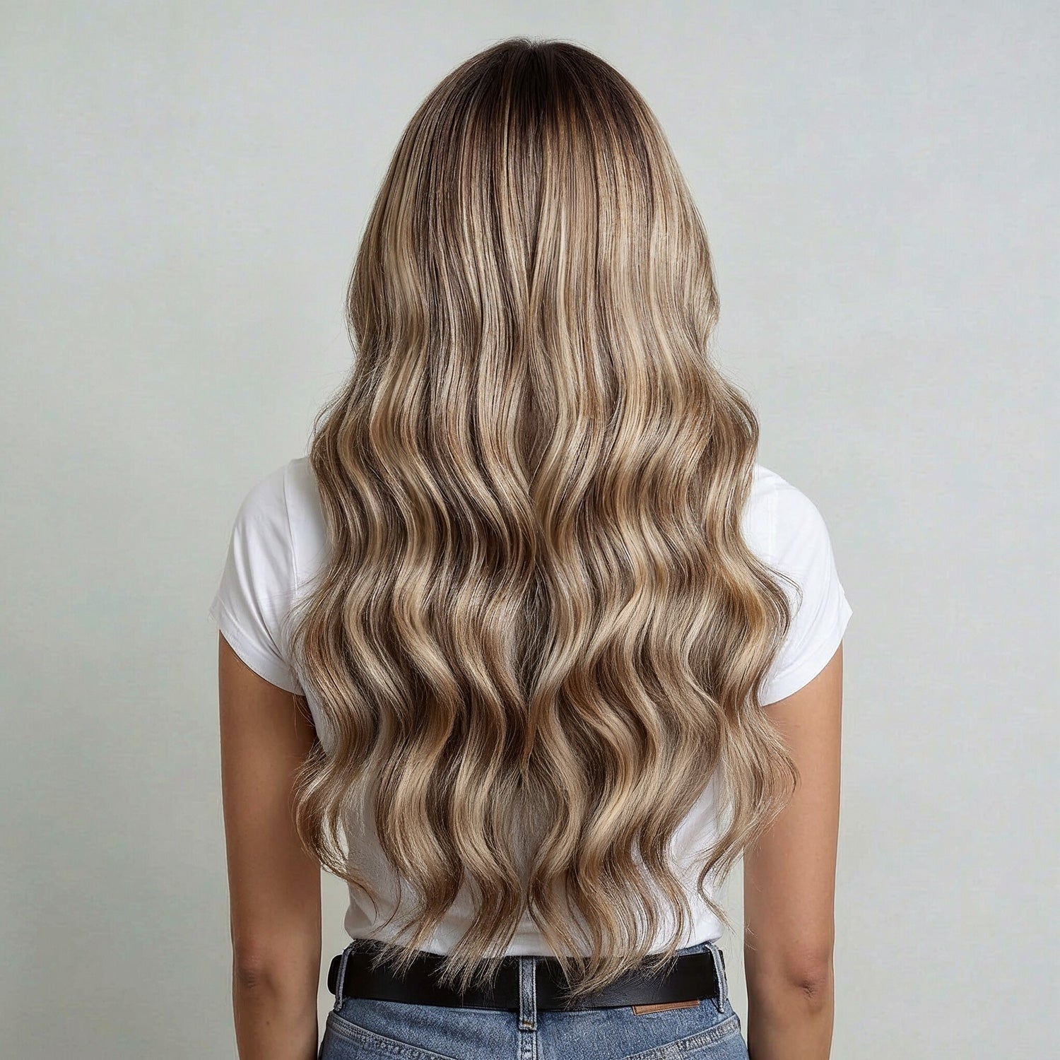 Person with long, wavy, blonde hair extensions wearing a white shirt and jeans on a plain background