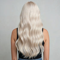 Model wearing cool platinum blonde hair extensions