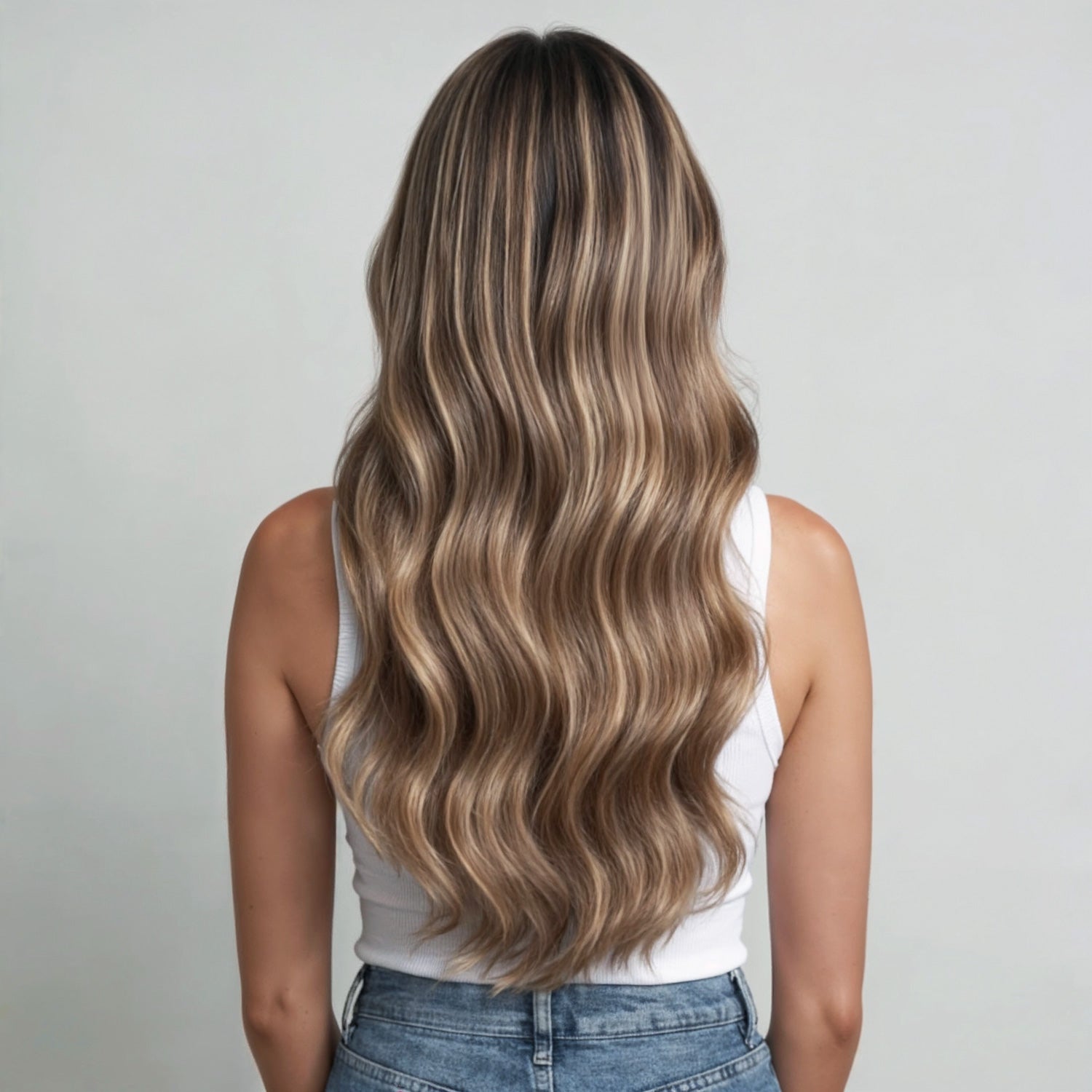 Person with long, wavy hair on a plain background