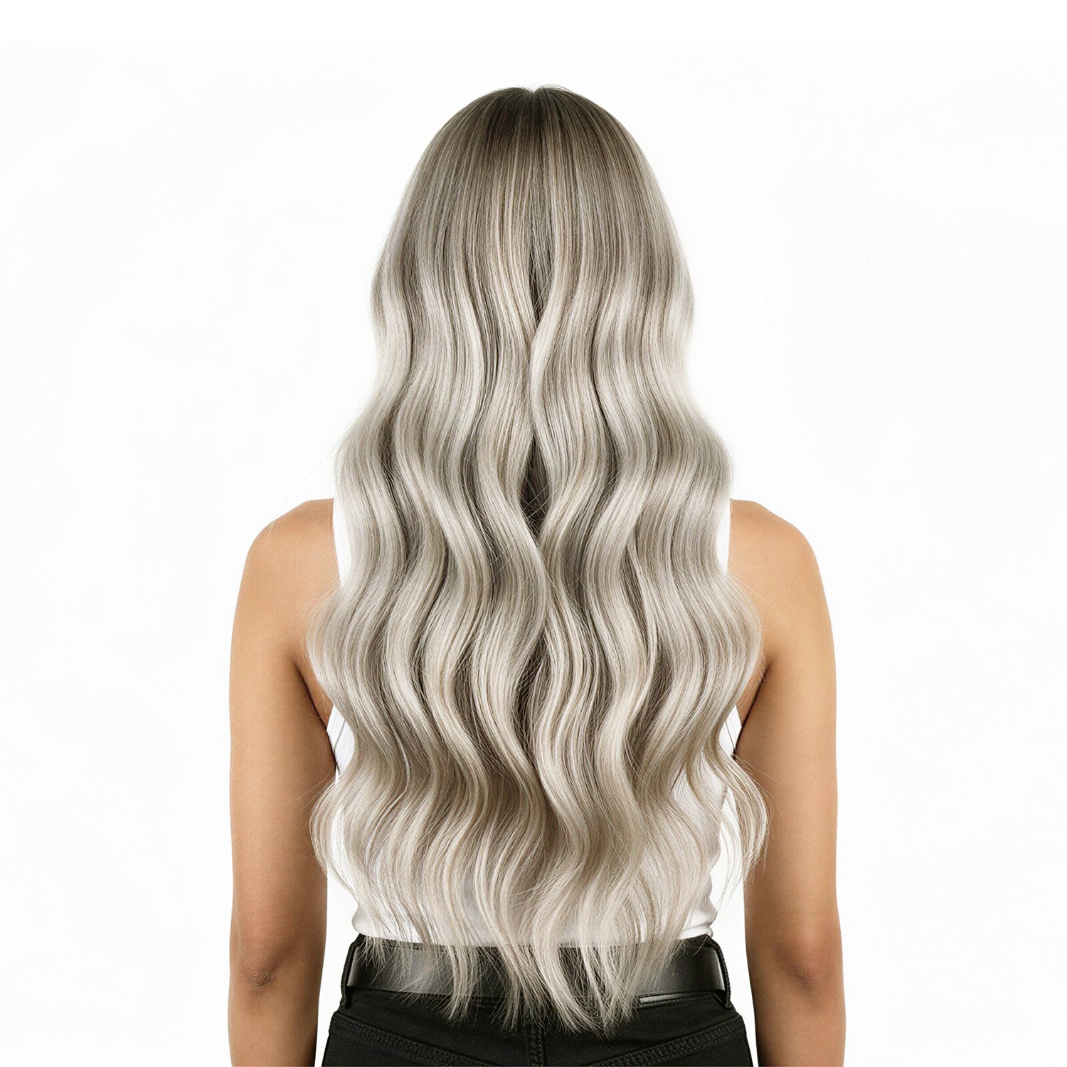 Person with long, wavy, silver hair on a white background
