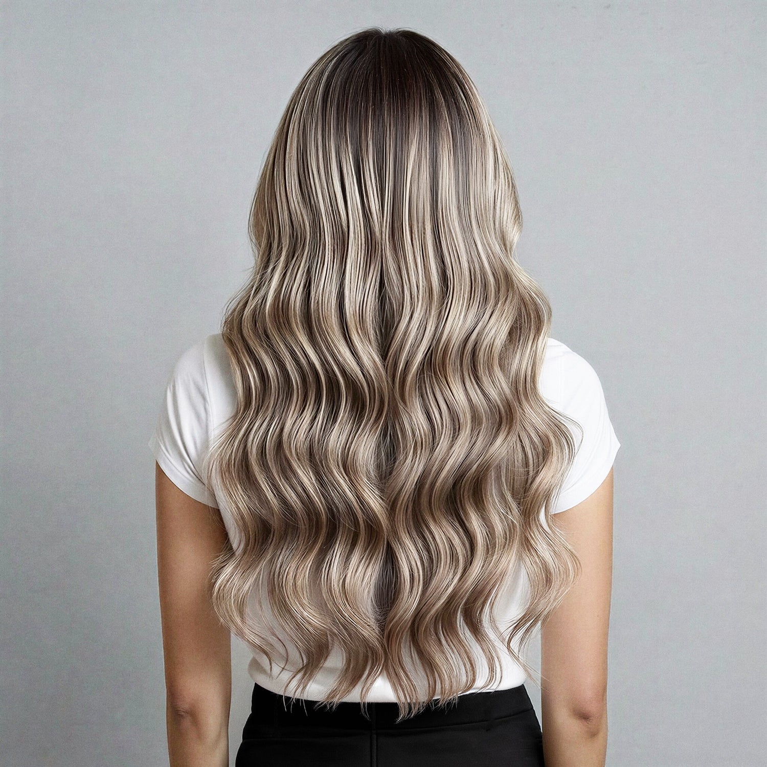 Person with long, wavy hair extensions in a neutral setting