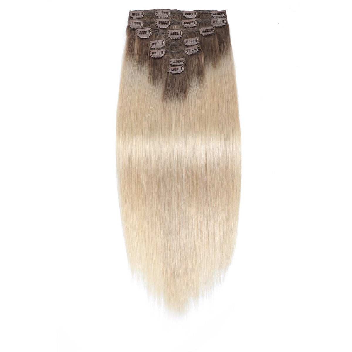 Set of hair extensions with brown and blonde balayage on a white background