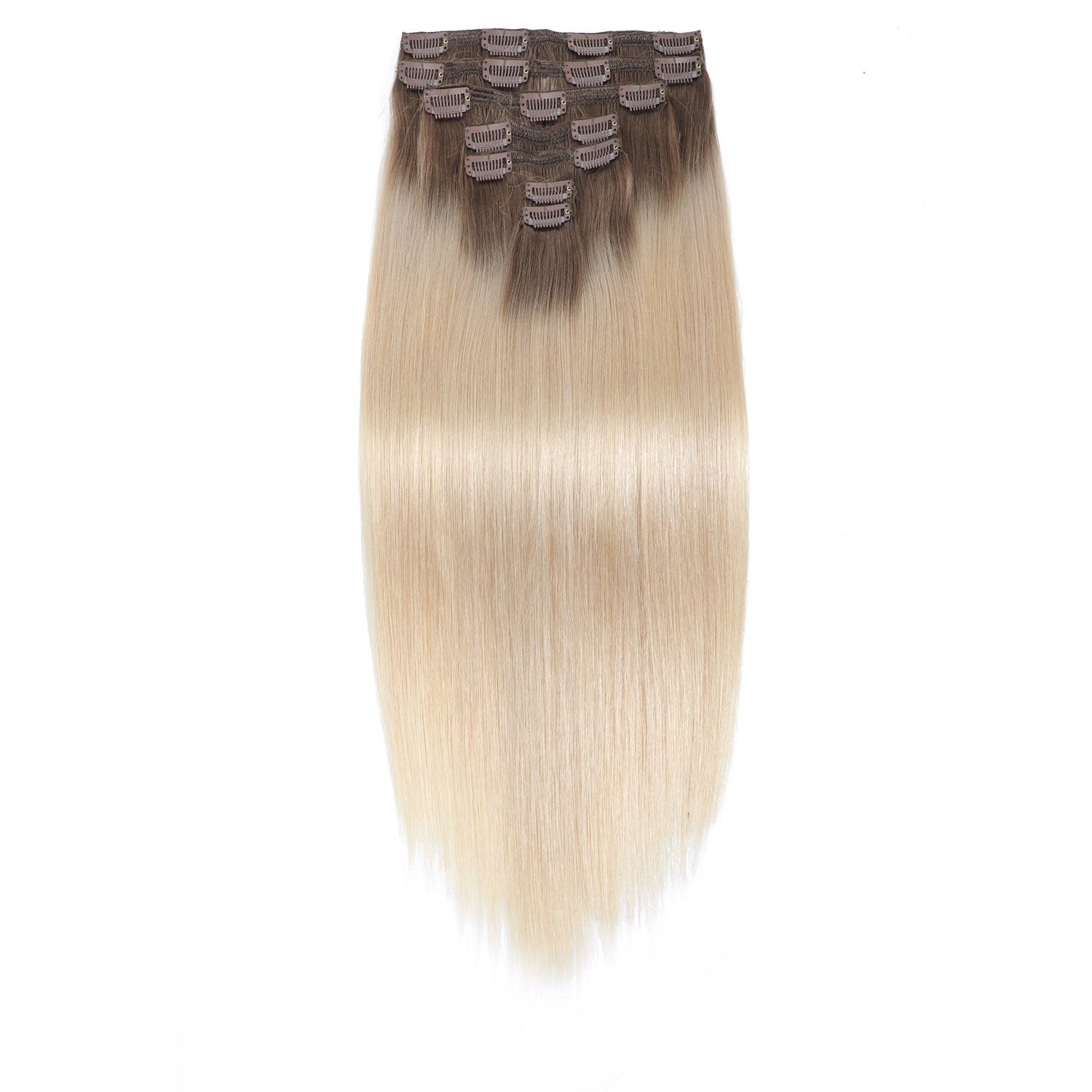 Set of hair extensions with brown and blonde balayage on a white background
