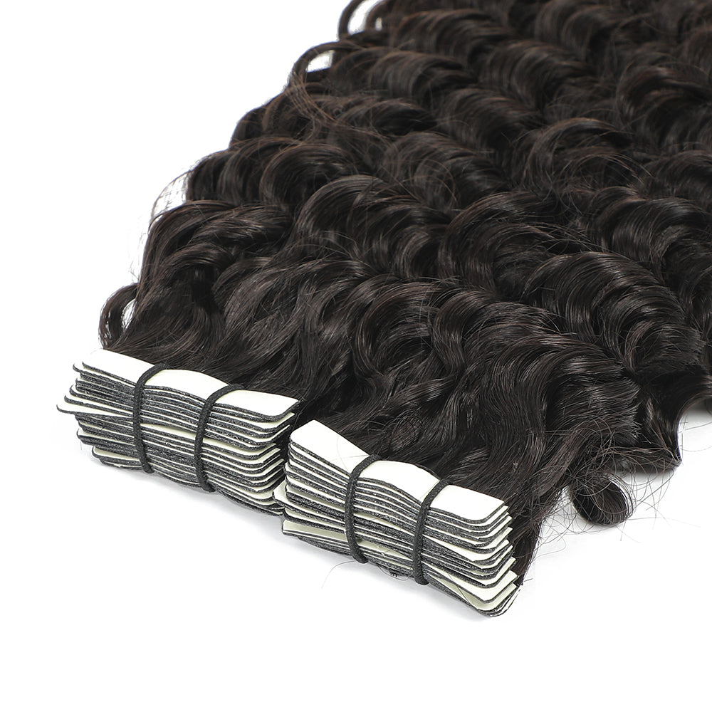 Curly Tape Human Hair Extensions  #1b Natural Black